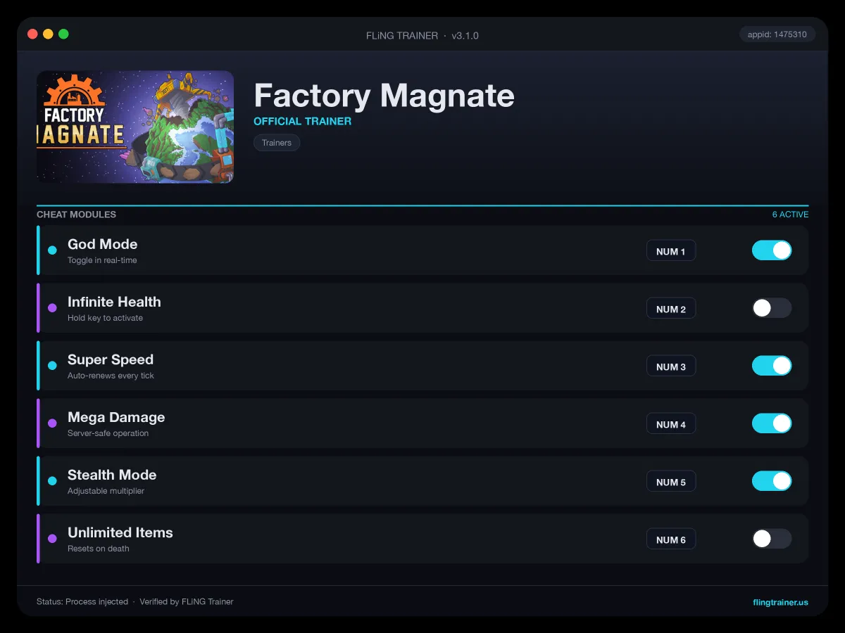 Factory Magnate Trainer interface