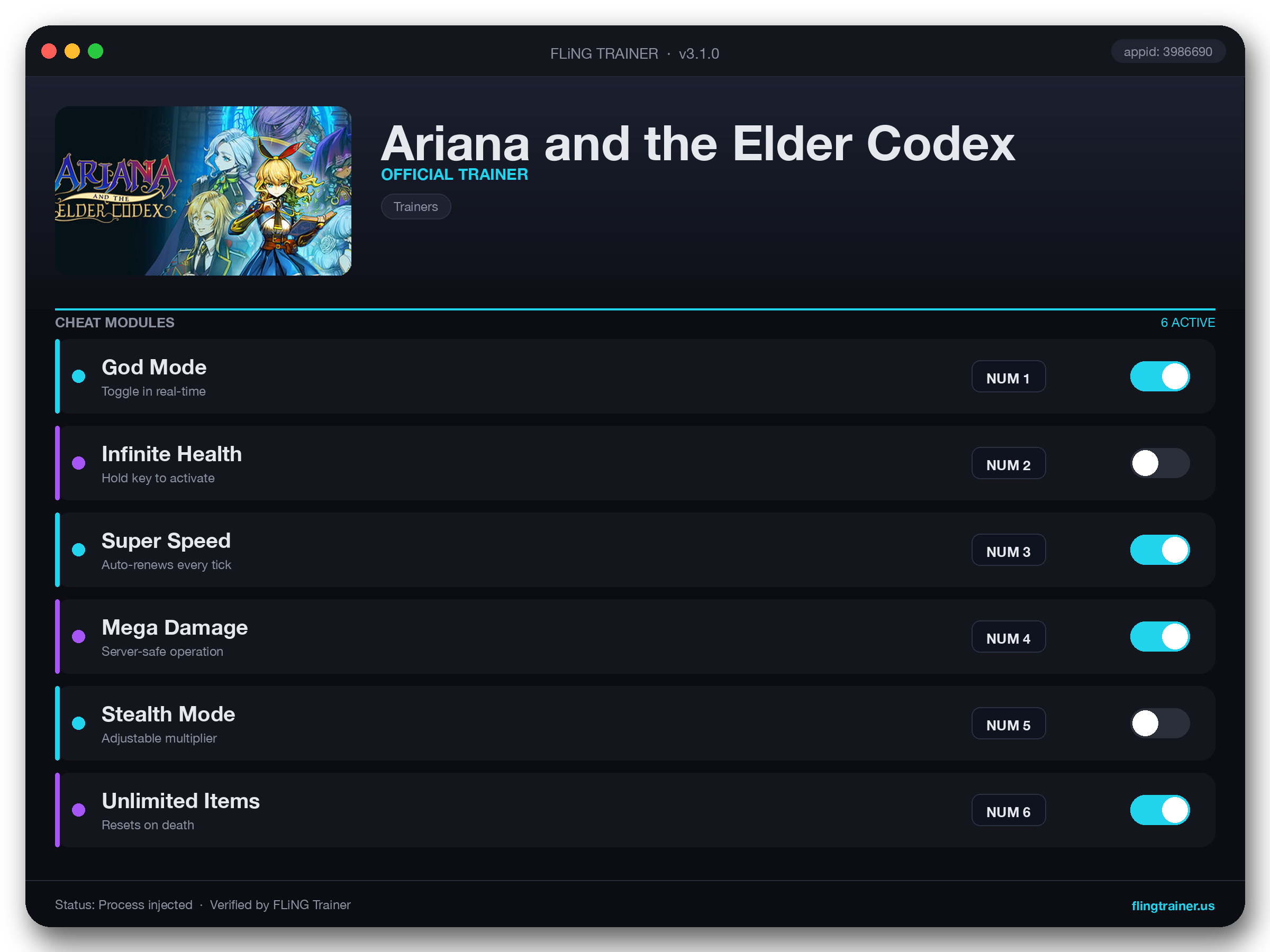 Ariana and the Elder Codex Trainer interface