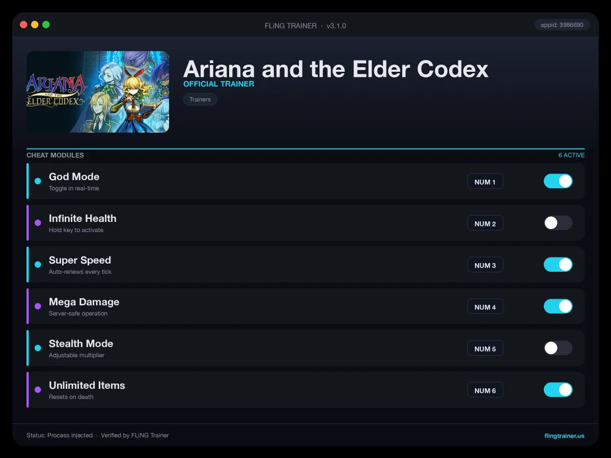 Ariana and the Elder Codex Trainer interface