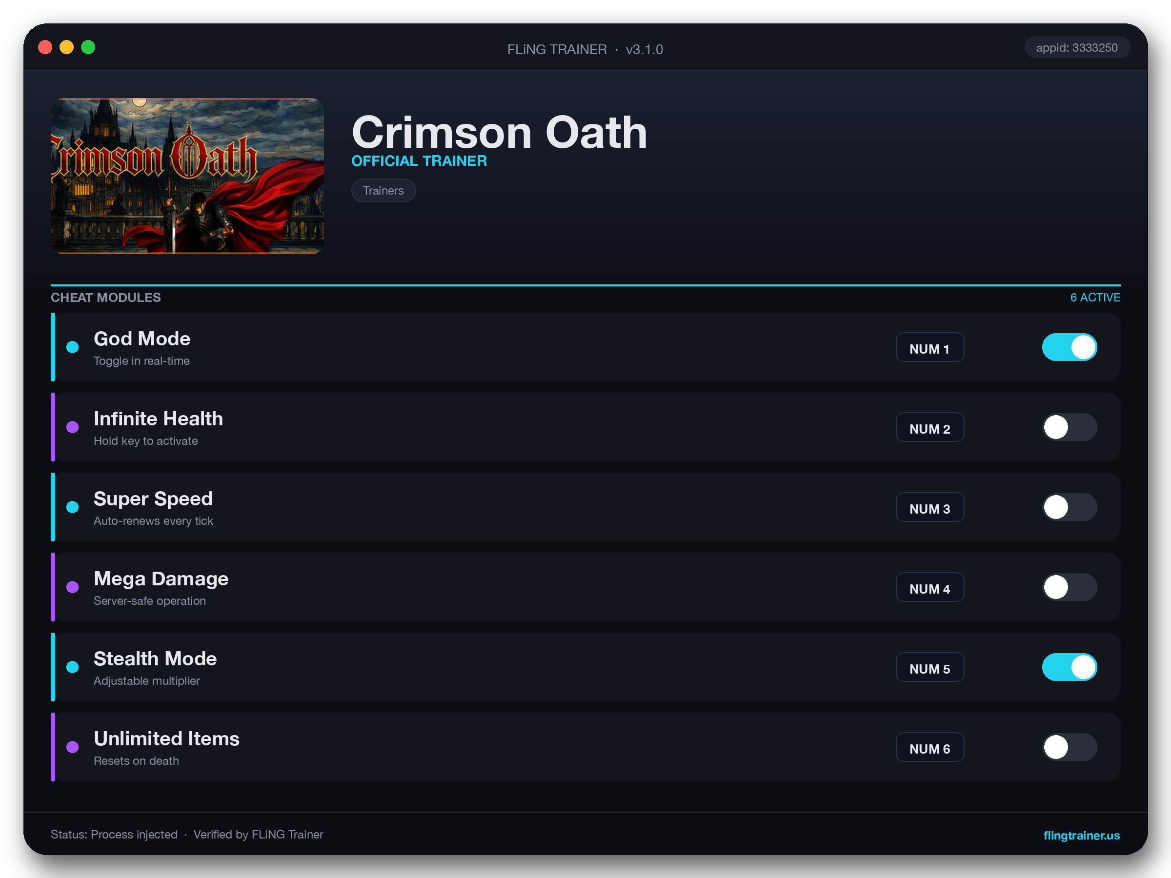 Crimson Oath Trainer interface