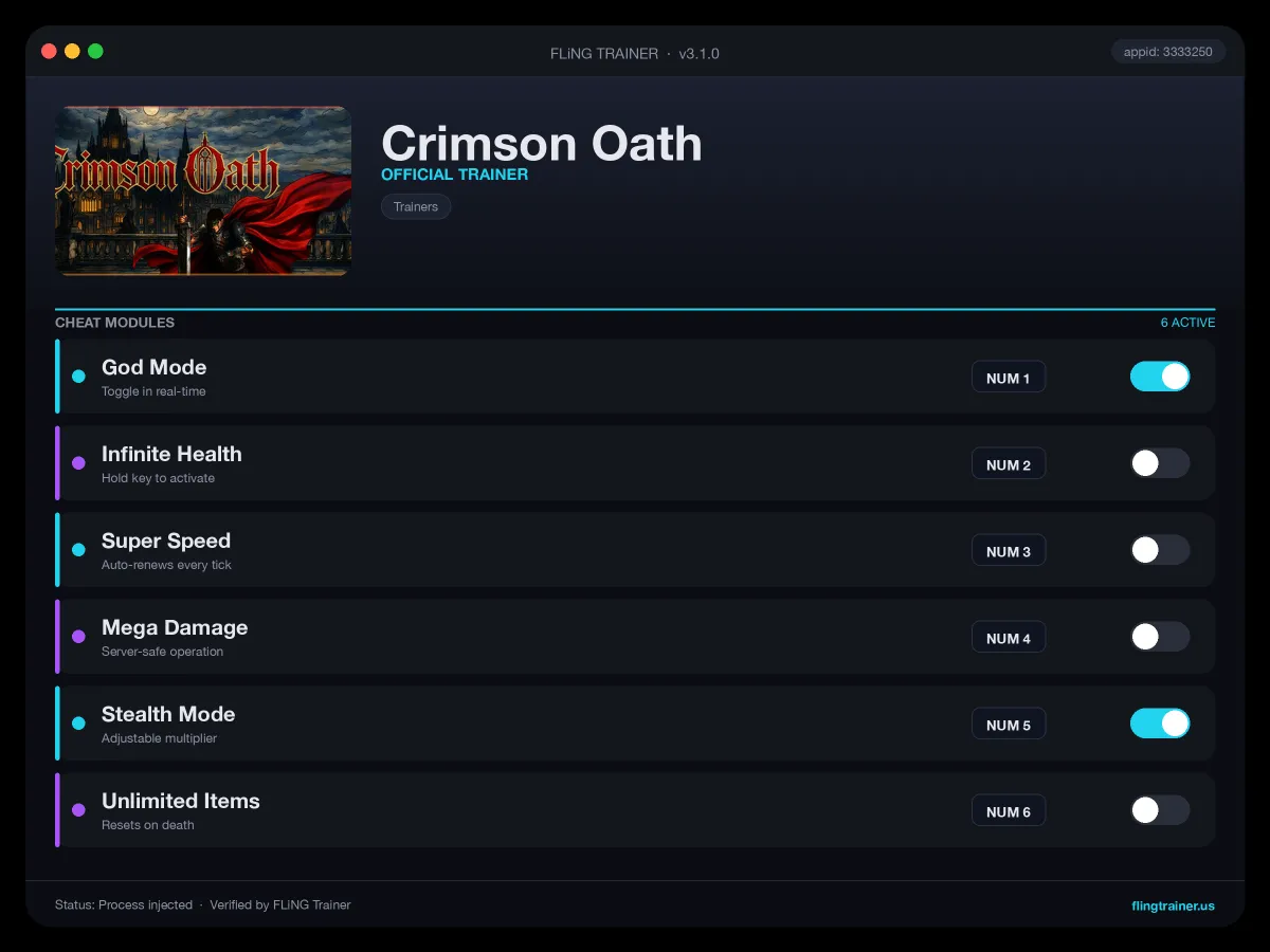 Crimson Oath Trainer interface