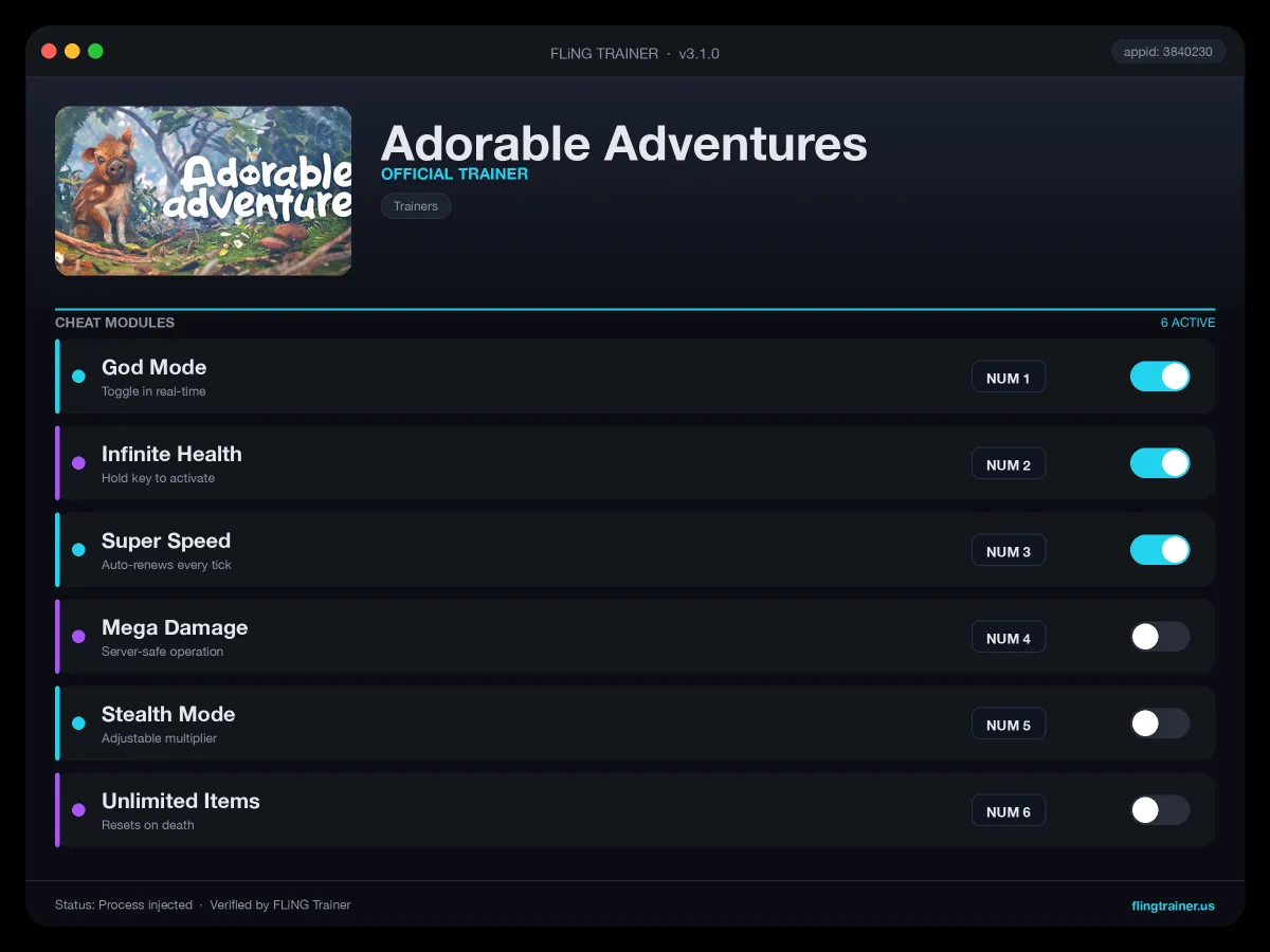 Adorable Adventures Trainer interface