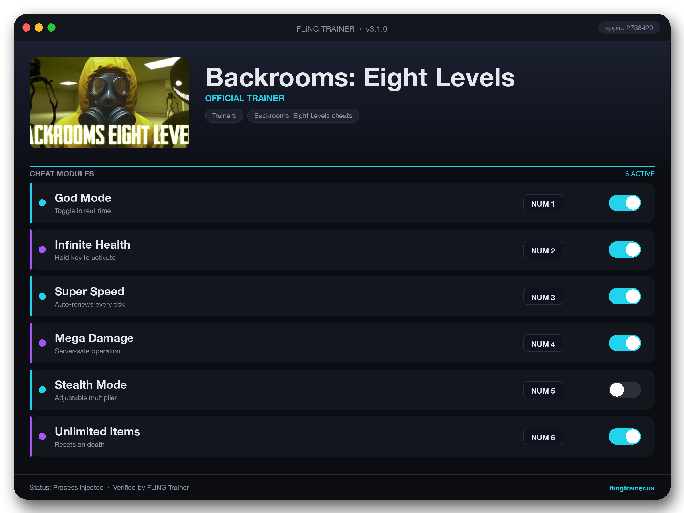 Backrooms: Eight Levels Trainer interface