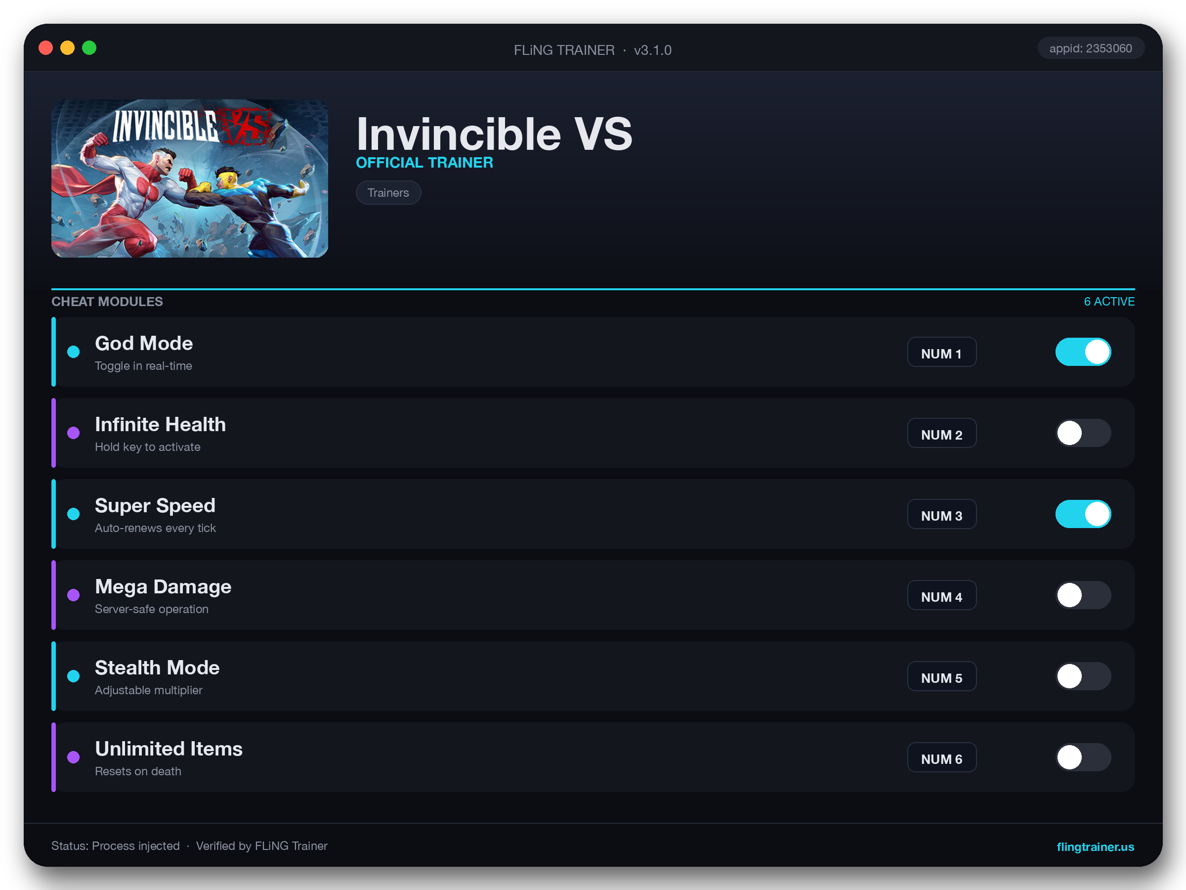 Invincible VS Trainer interface