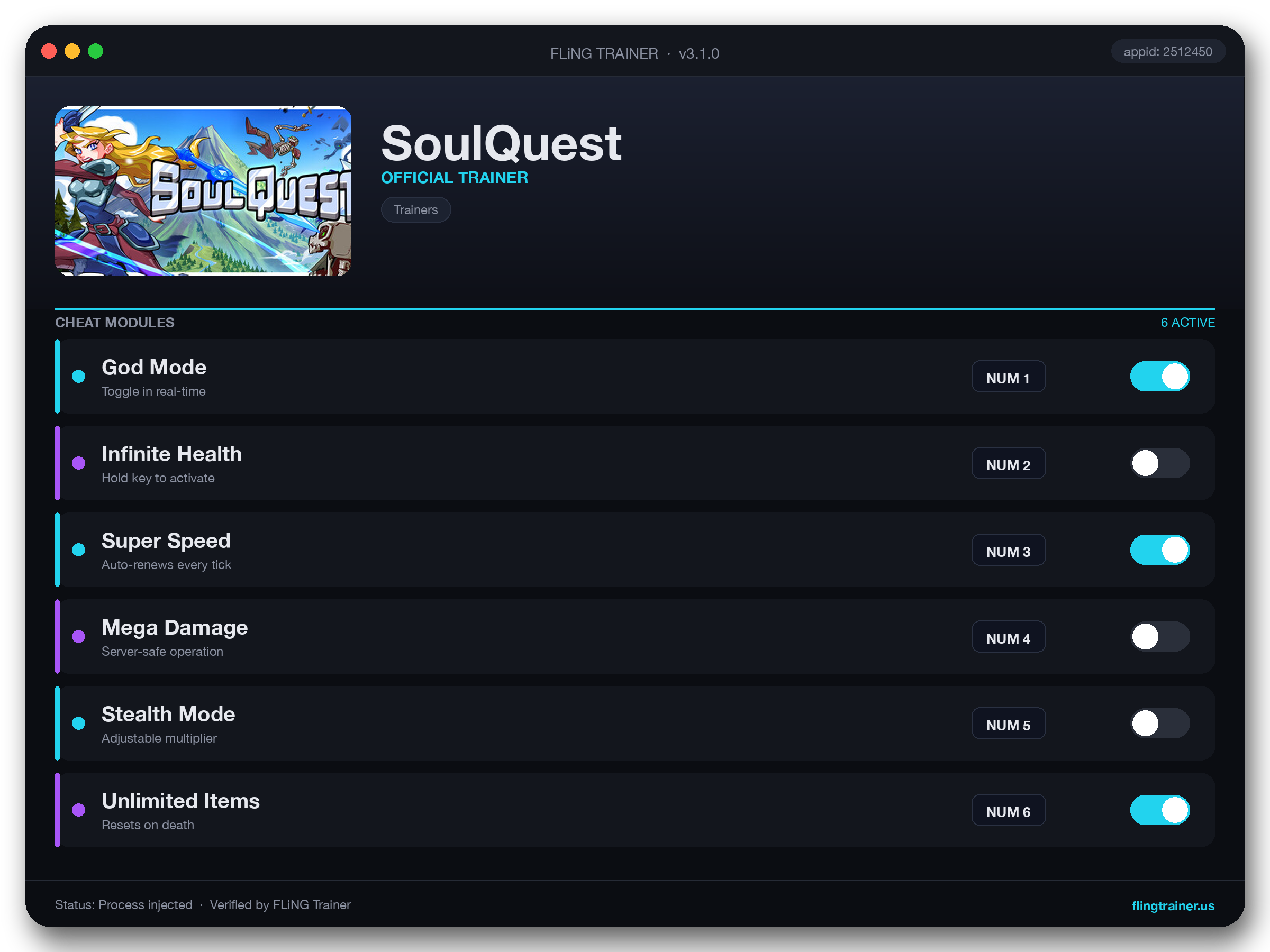 SoulQuest Trainer interface
