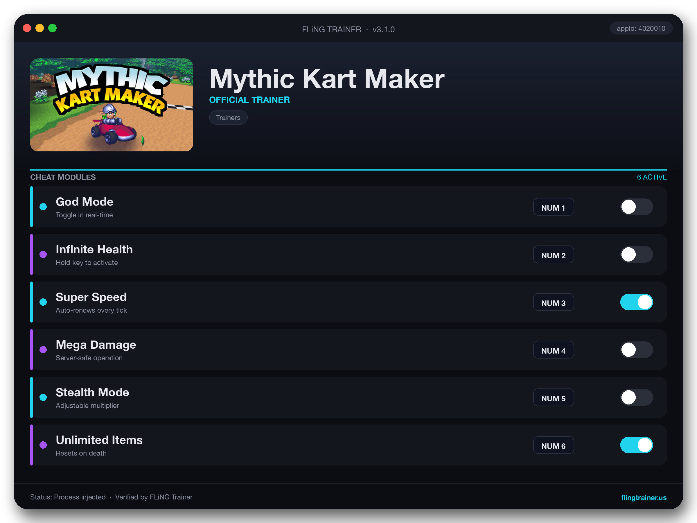 Mythic Kart Maker Trainer interface