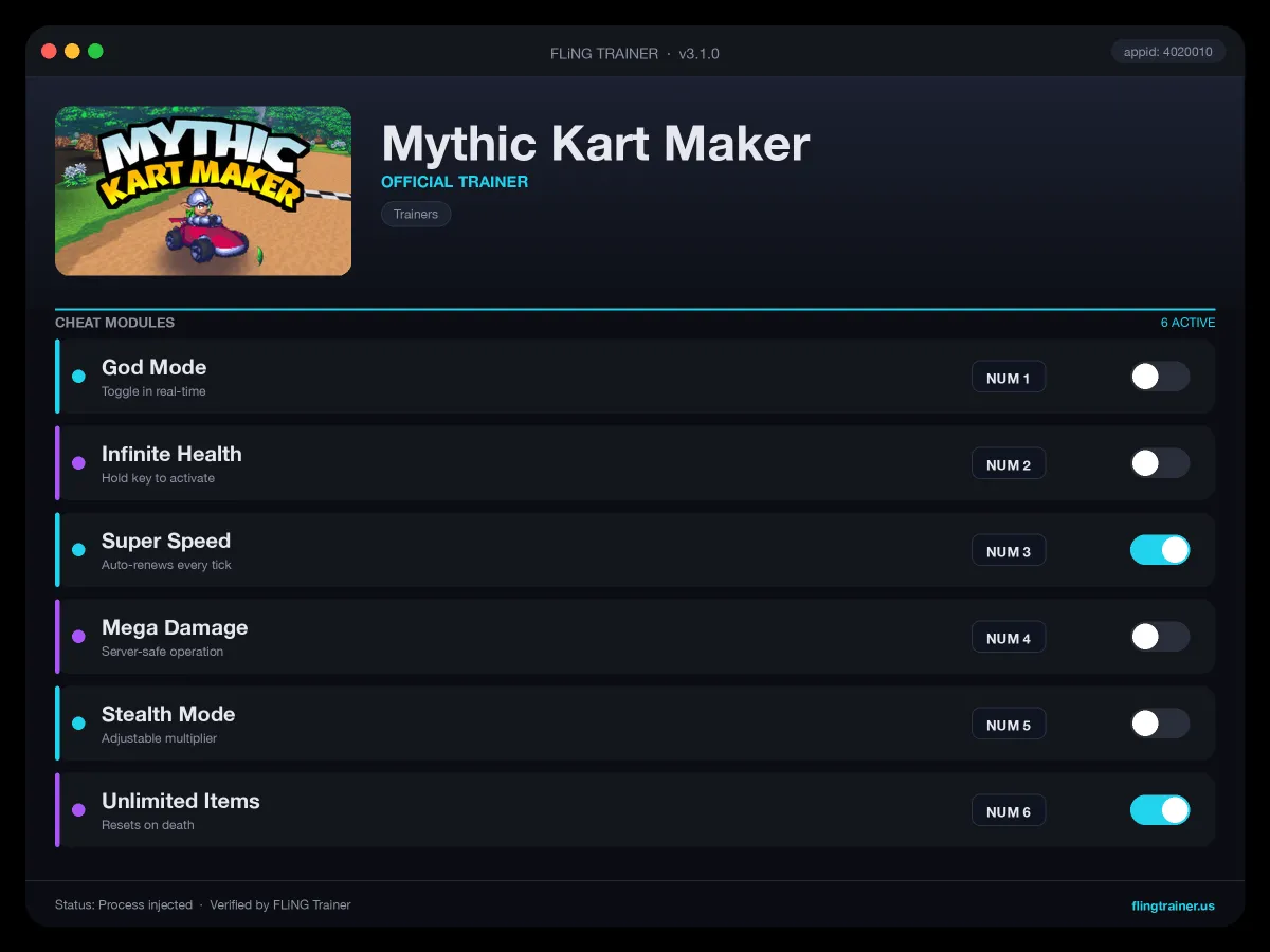 Mythic Kart Maker Trainer interface