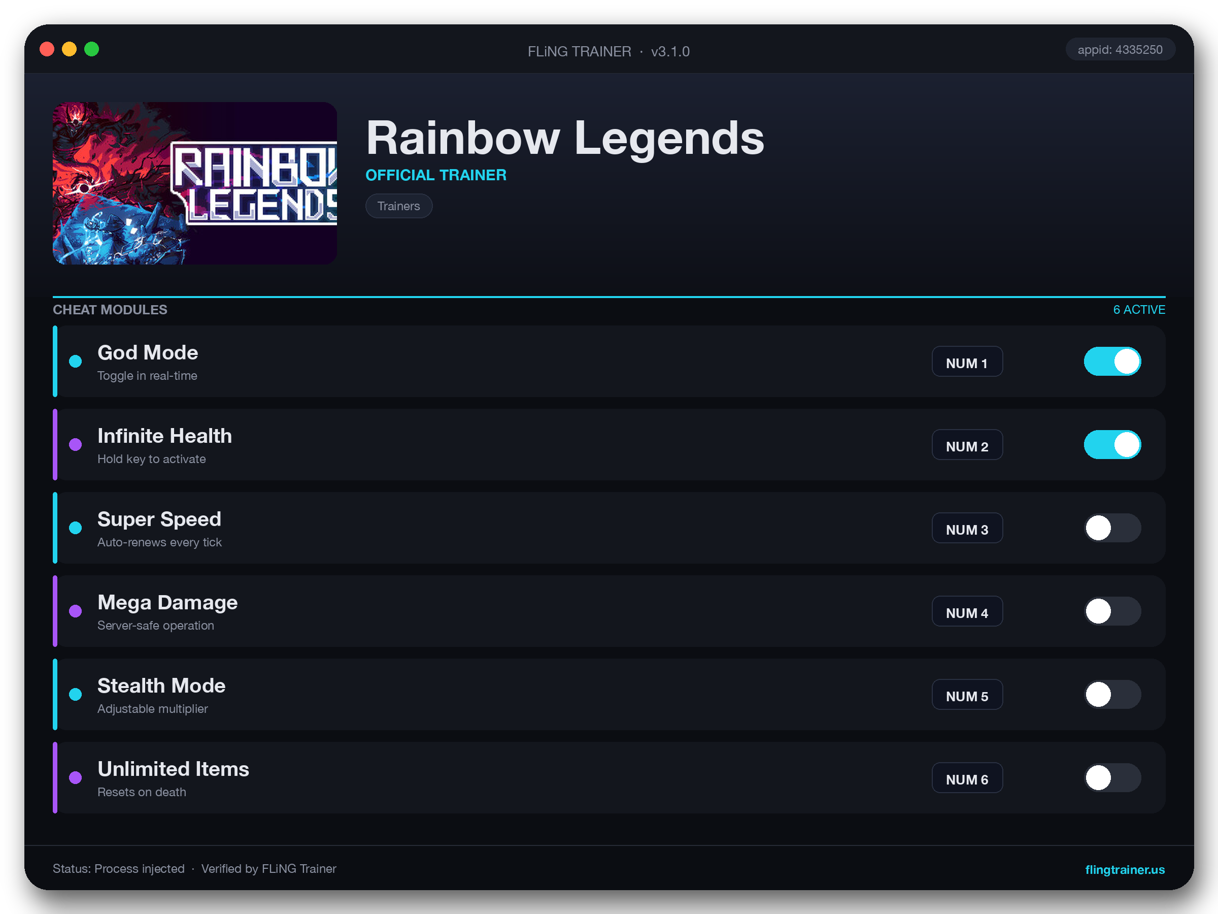 Rainbow Legends Trainer interface