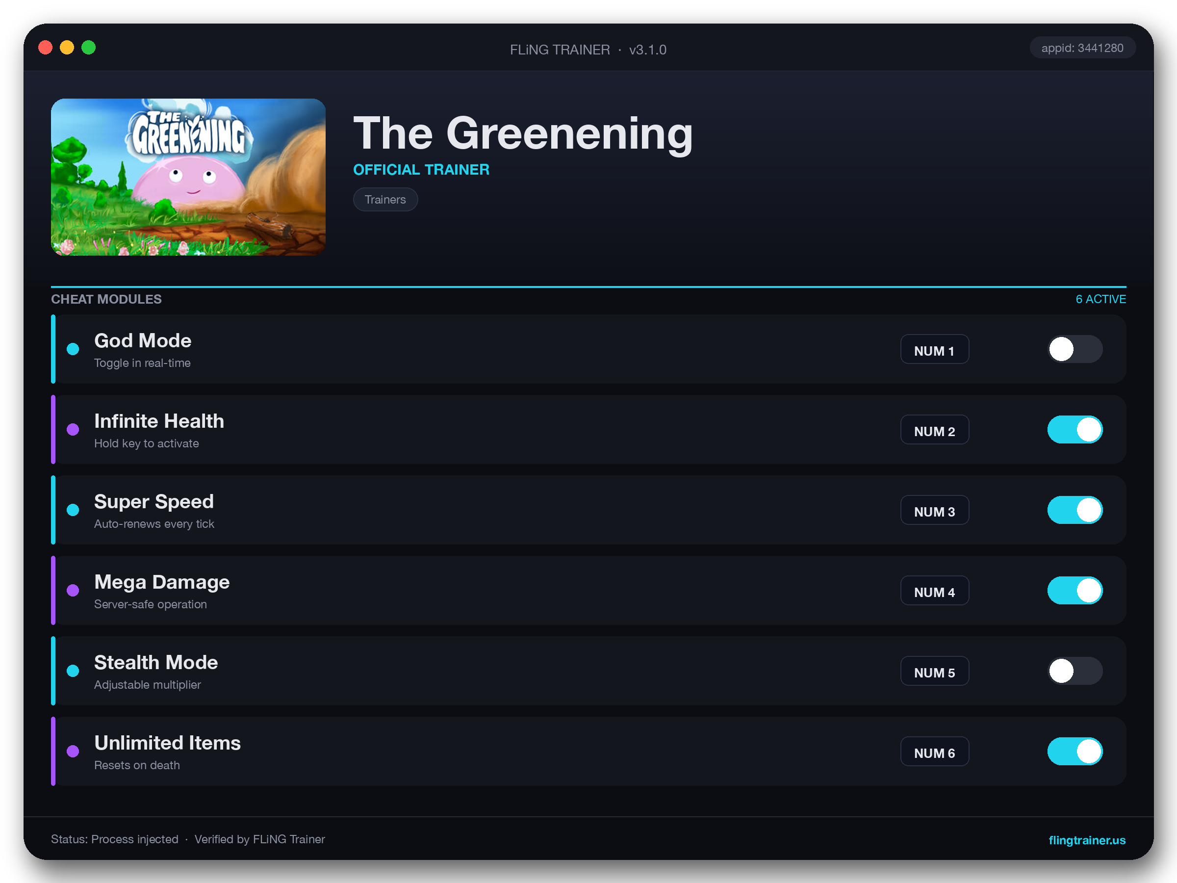The Greenening Trainer interface