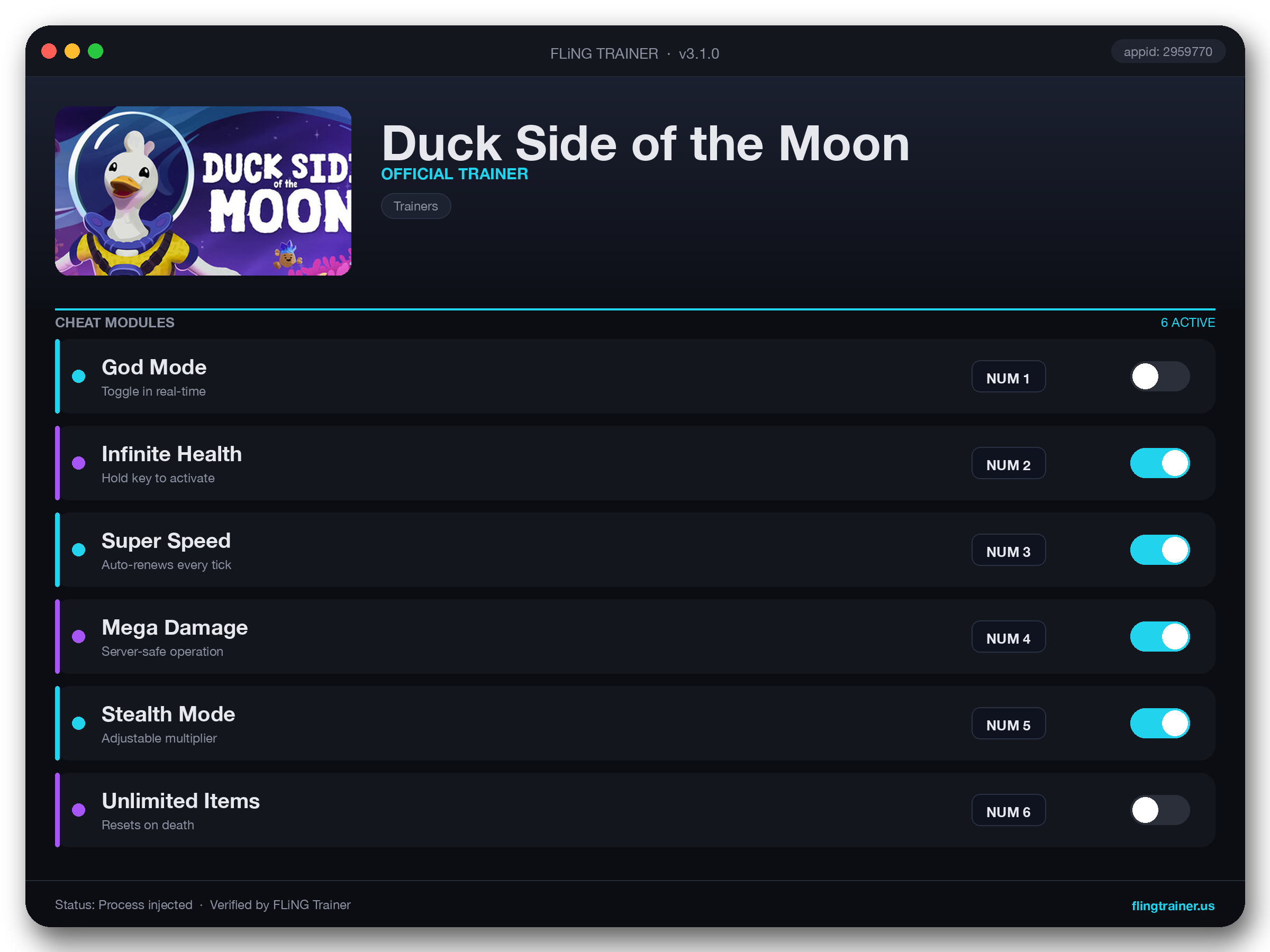 Duck Side of the Moon Trainer interface