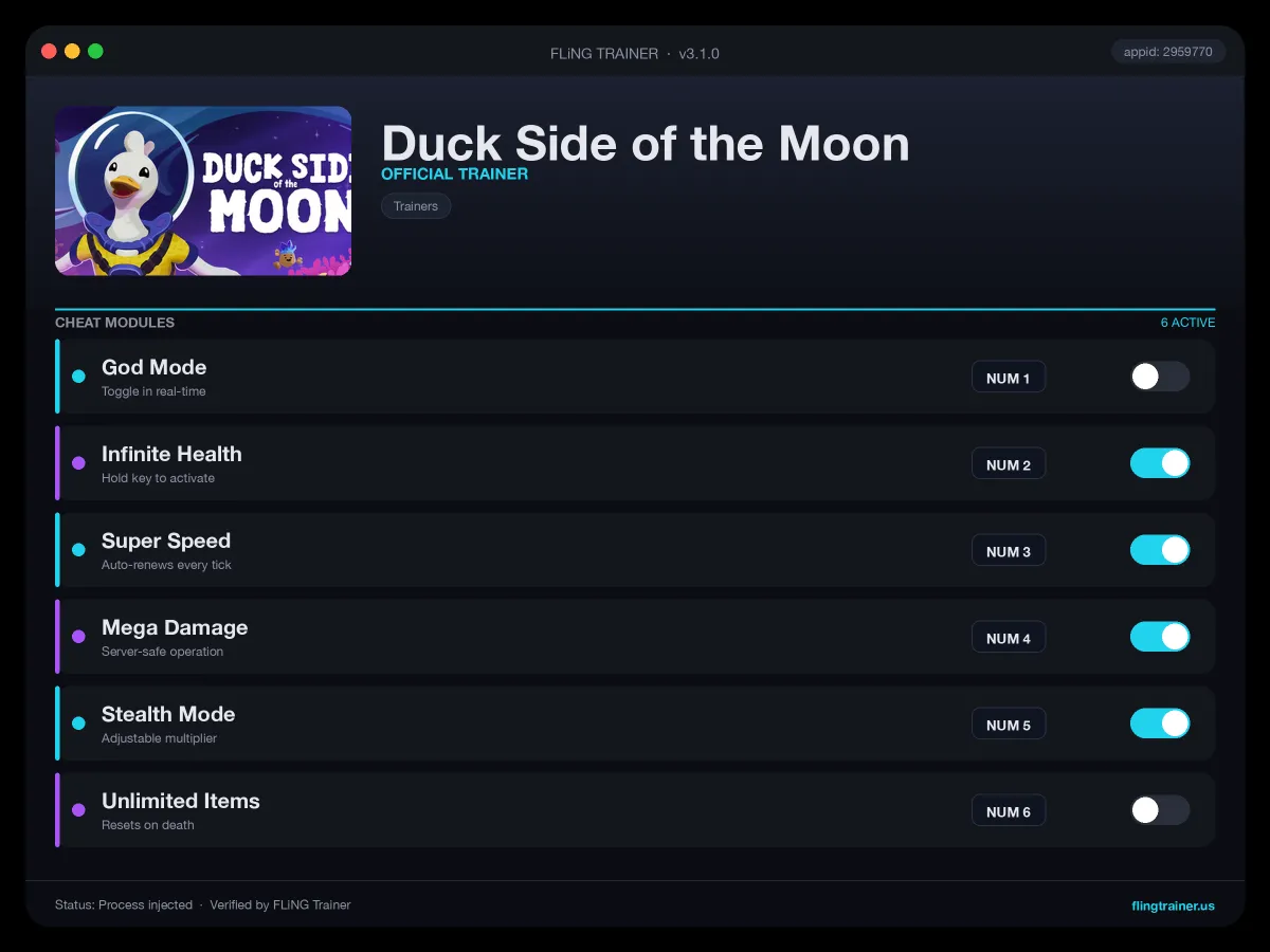 Duck Side of the Moon Trainer interface