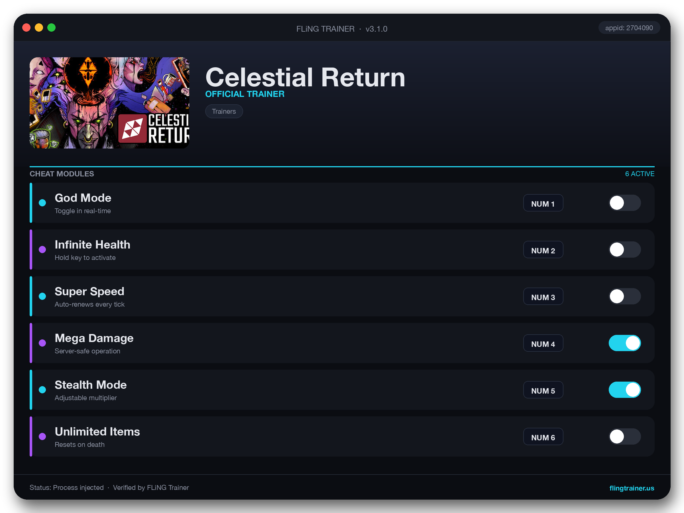 Celestial Return Trainer interface