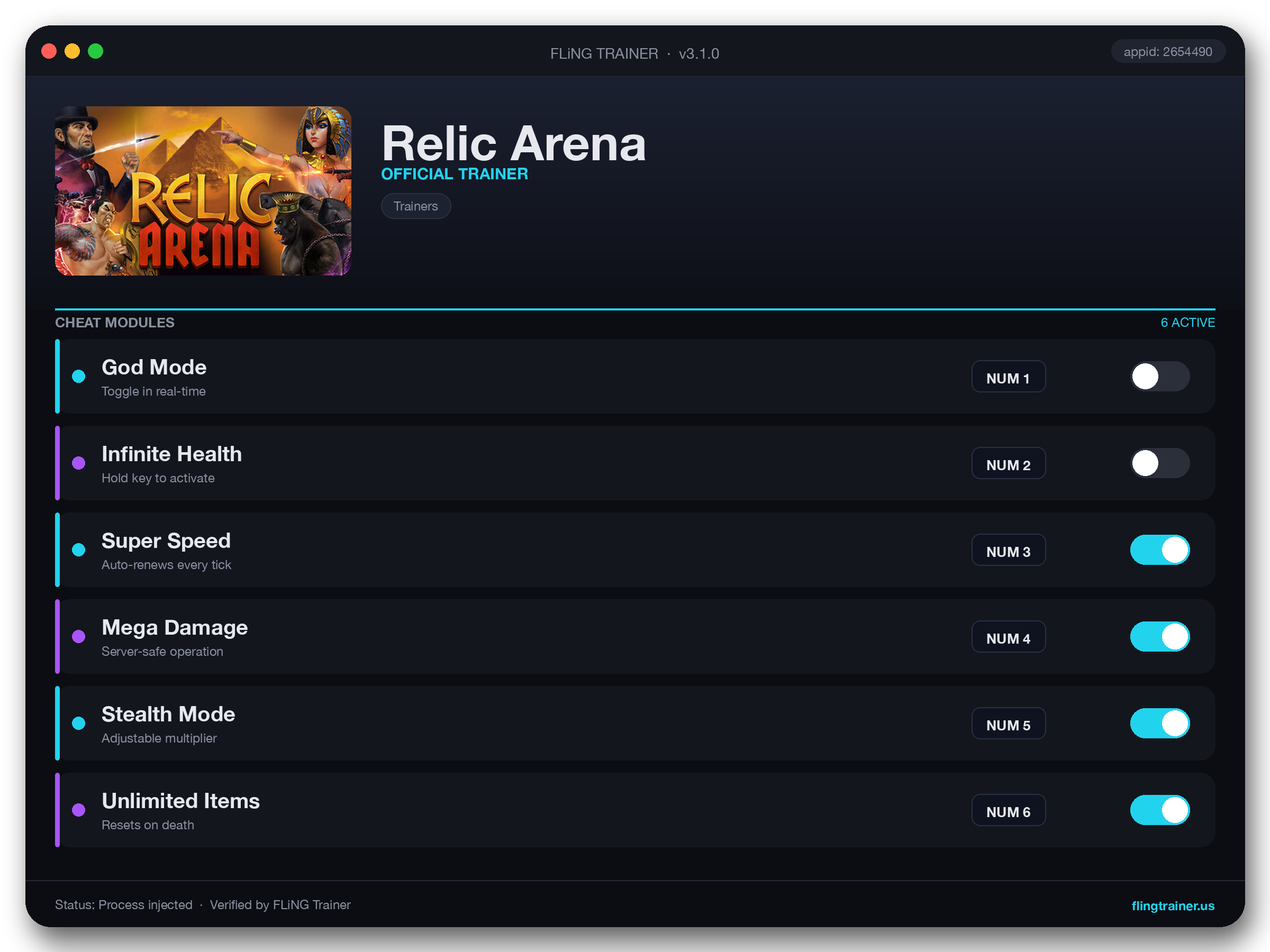 Relic Arena Trainer interface