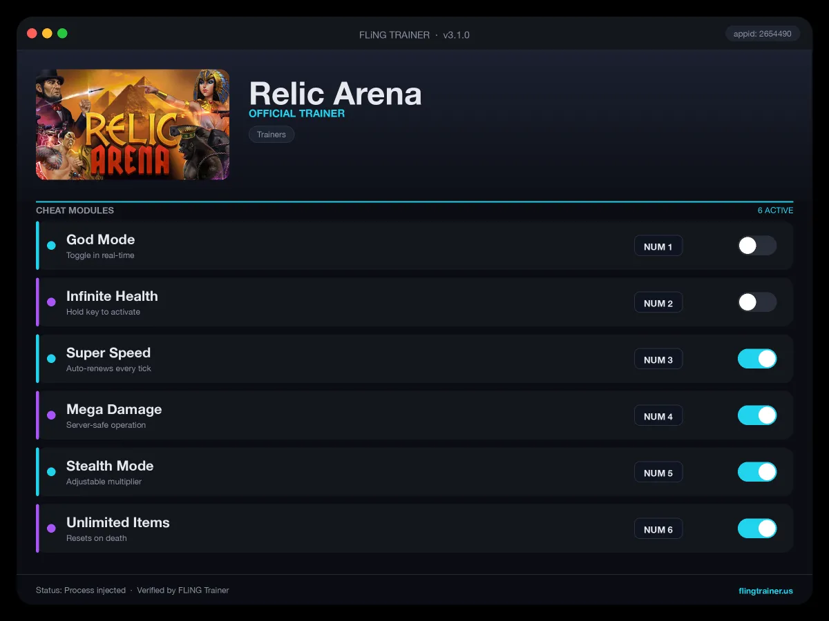 Relic Arena Trainer interface