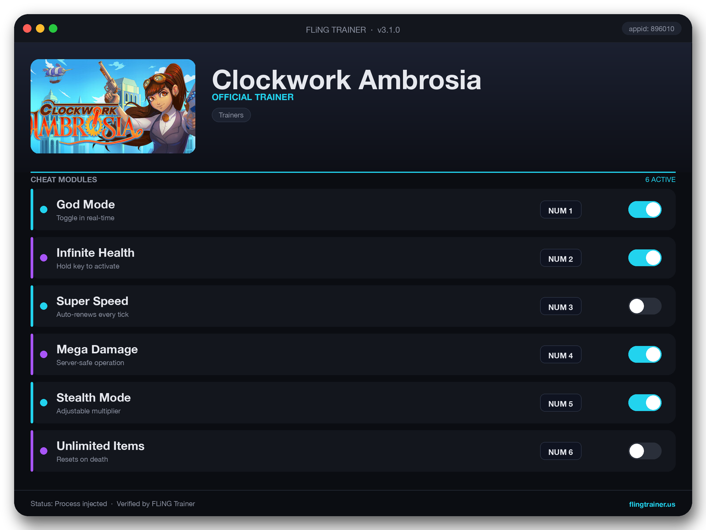 Clockwork Ambrosia Trainer interface