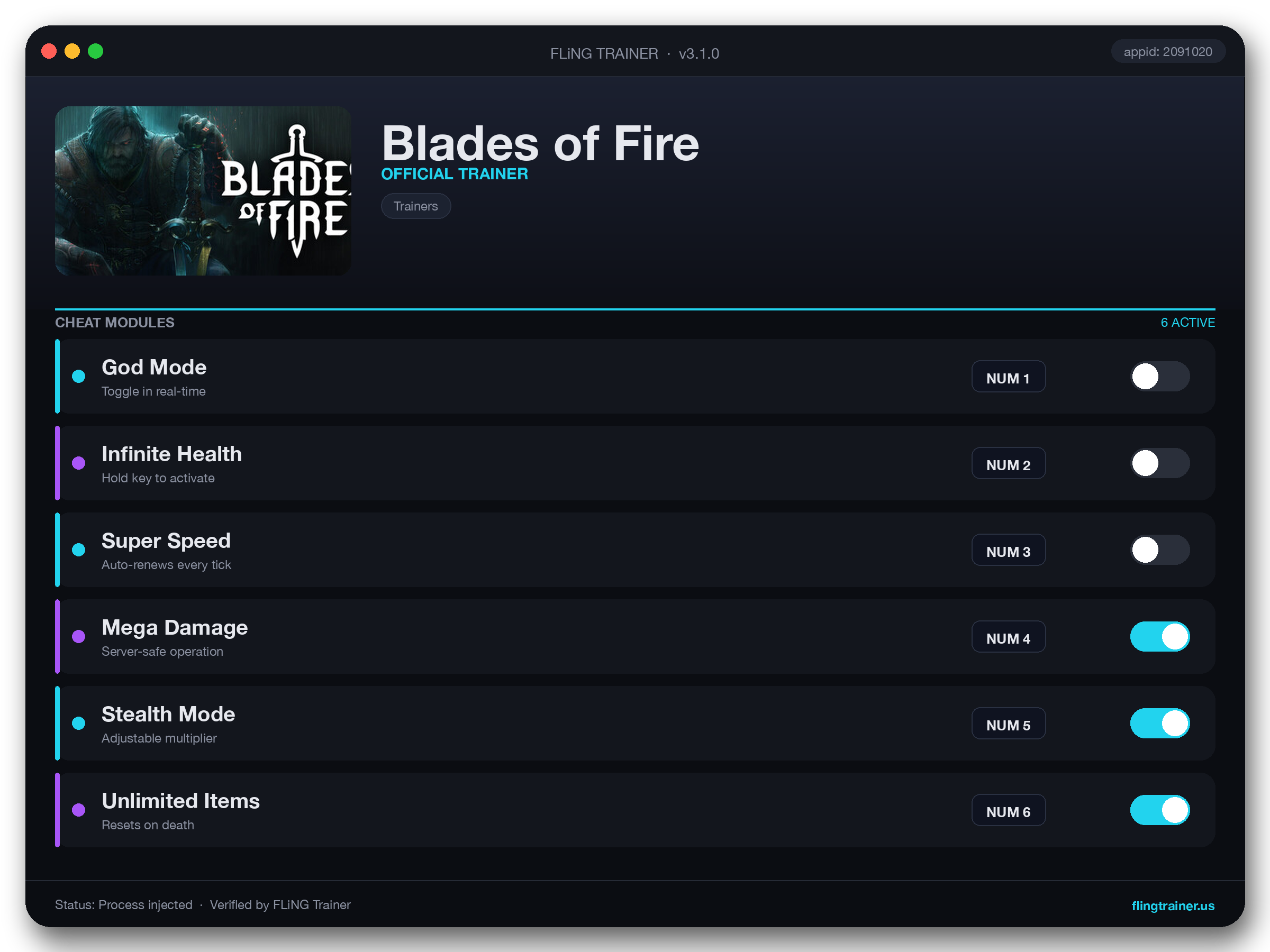 Blades of Fire Trainer interface