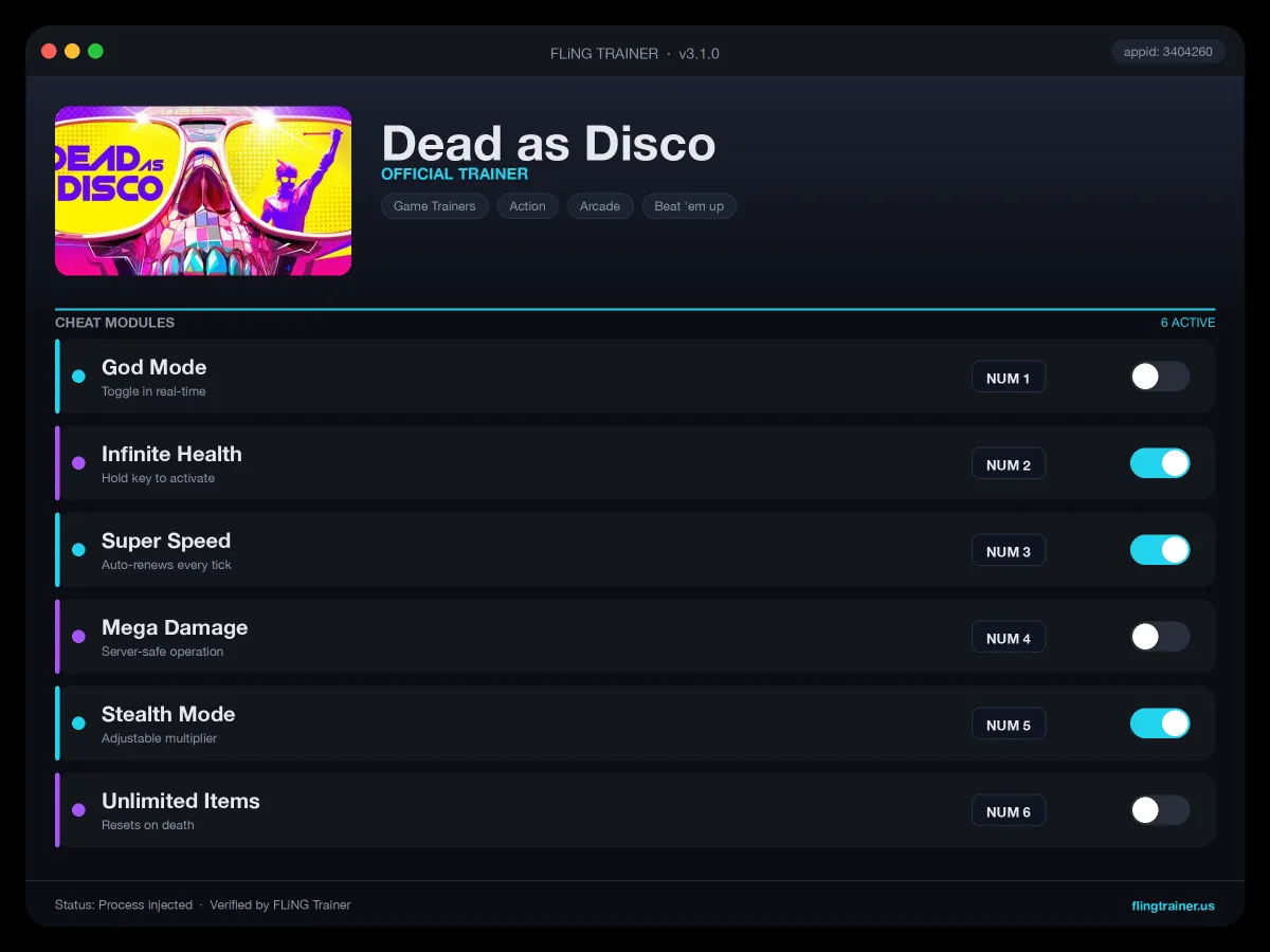 Dead as Disco Trainer interface