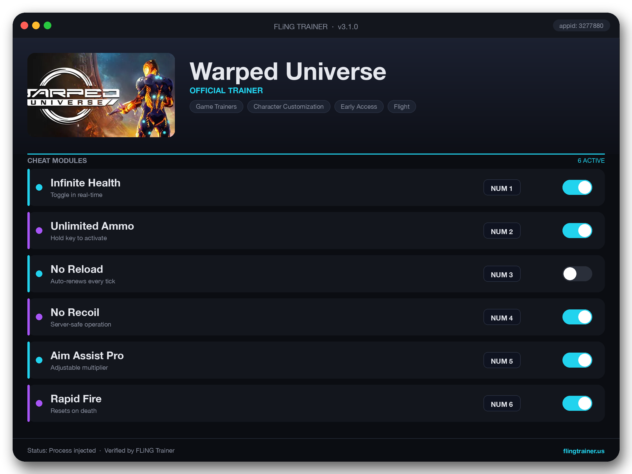 Warped Universe Trainer interface