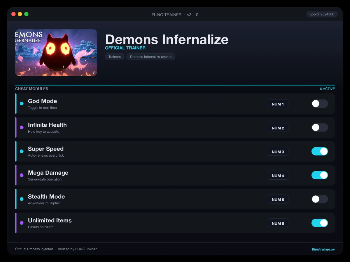 Demons Infernalize Trainer interface