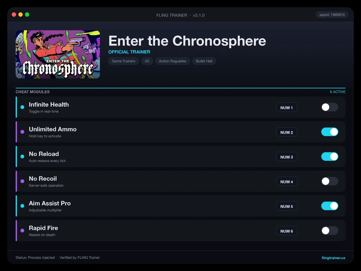 Enter the Chronosphere Trainer interface