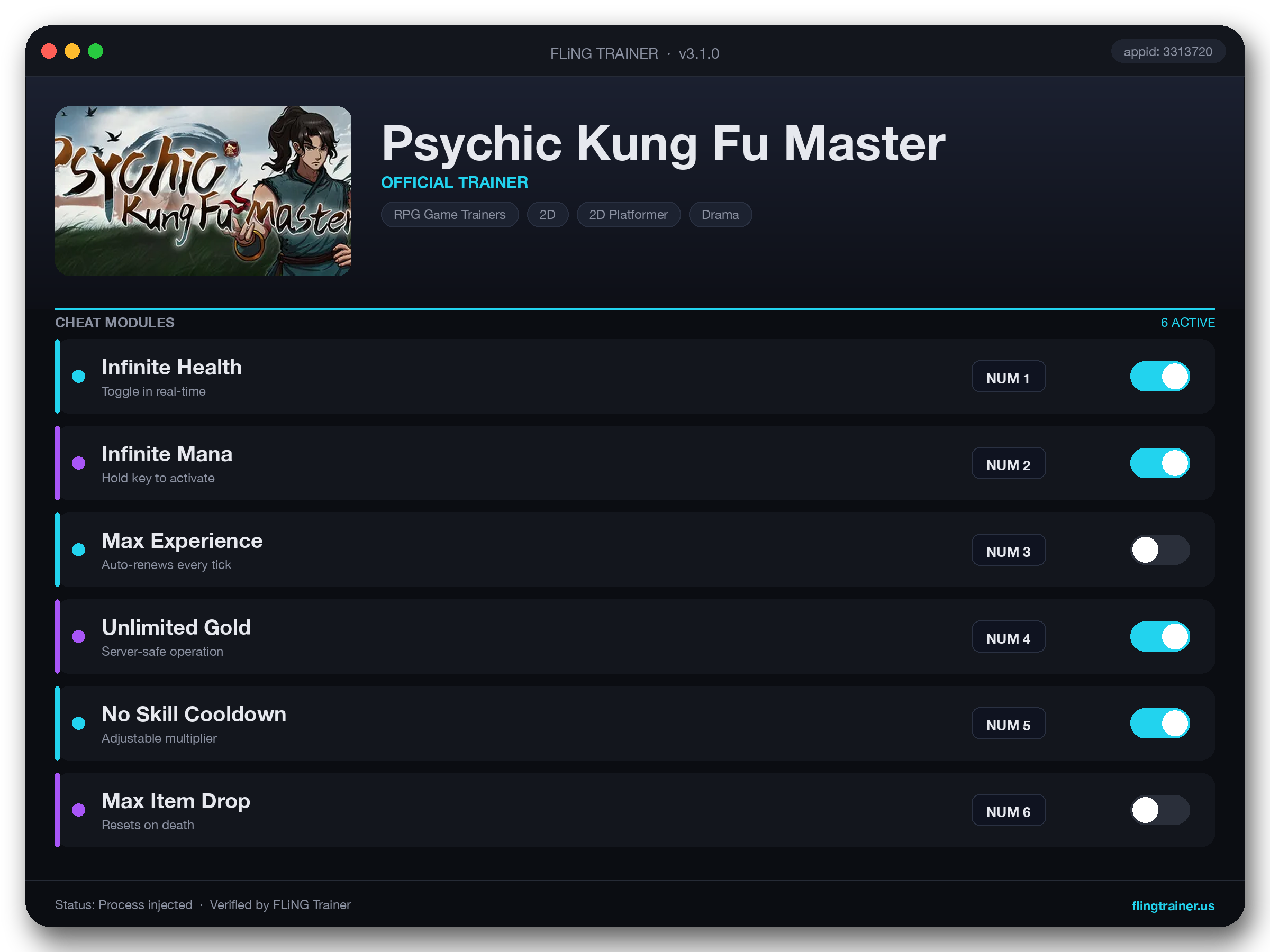 Psychic Kung Fu Master Trainer interface