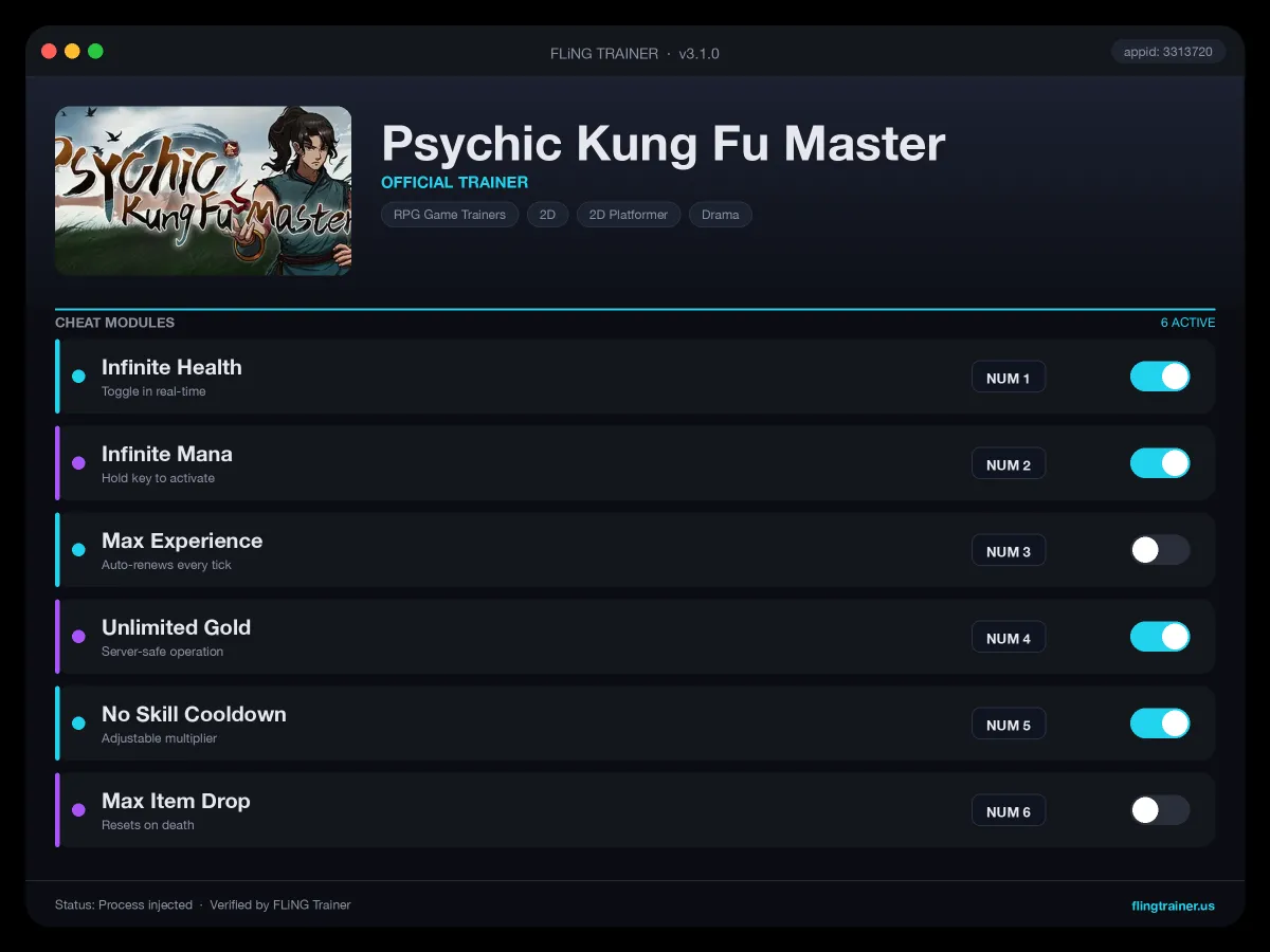 Psychic Kung Fu Master Trainer interface