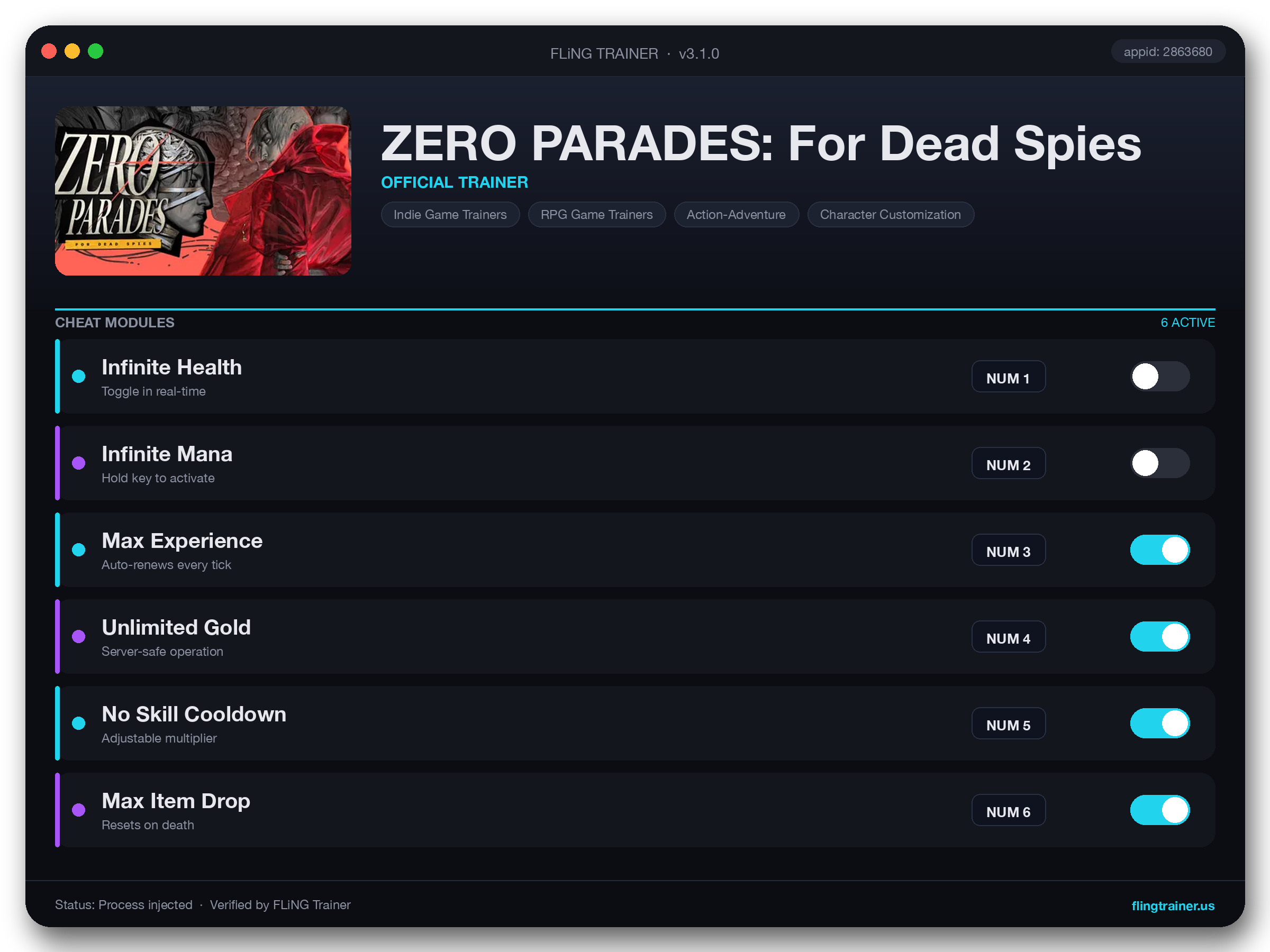 ZERO PARADES: For Dead Spies Trainer interface