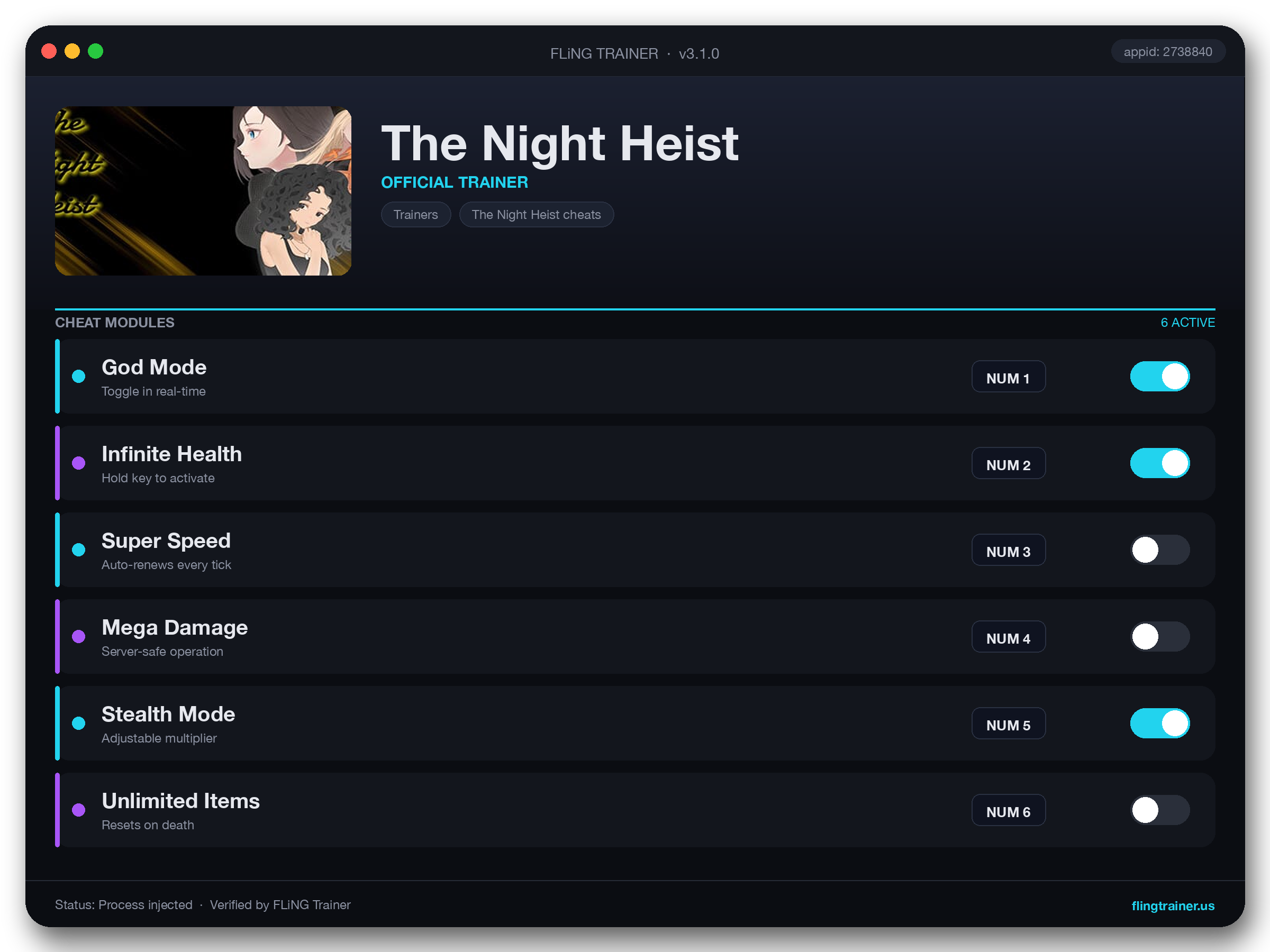 The Night Heist Trainer interface