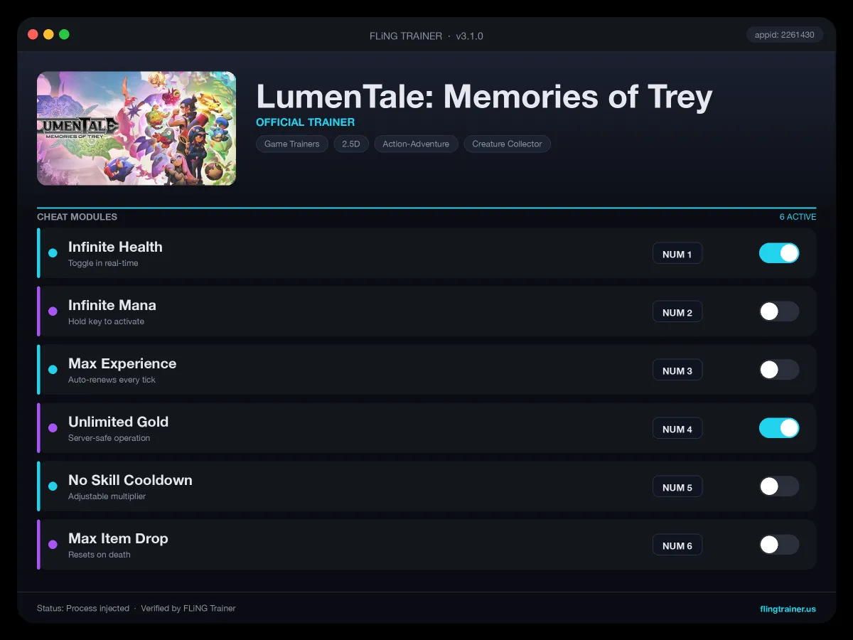 LumenTale: Memories of Trey Trainer interface