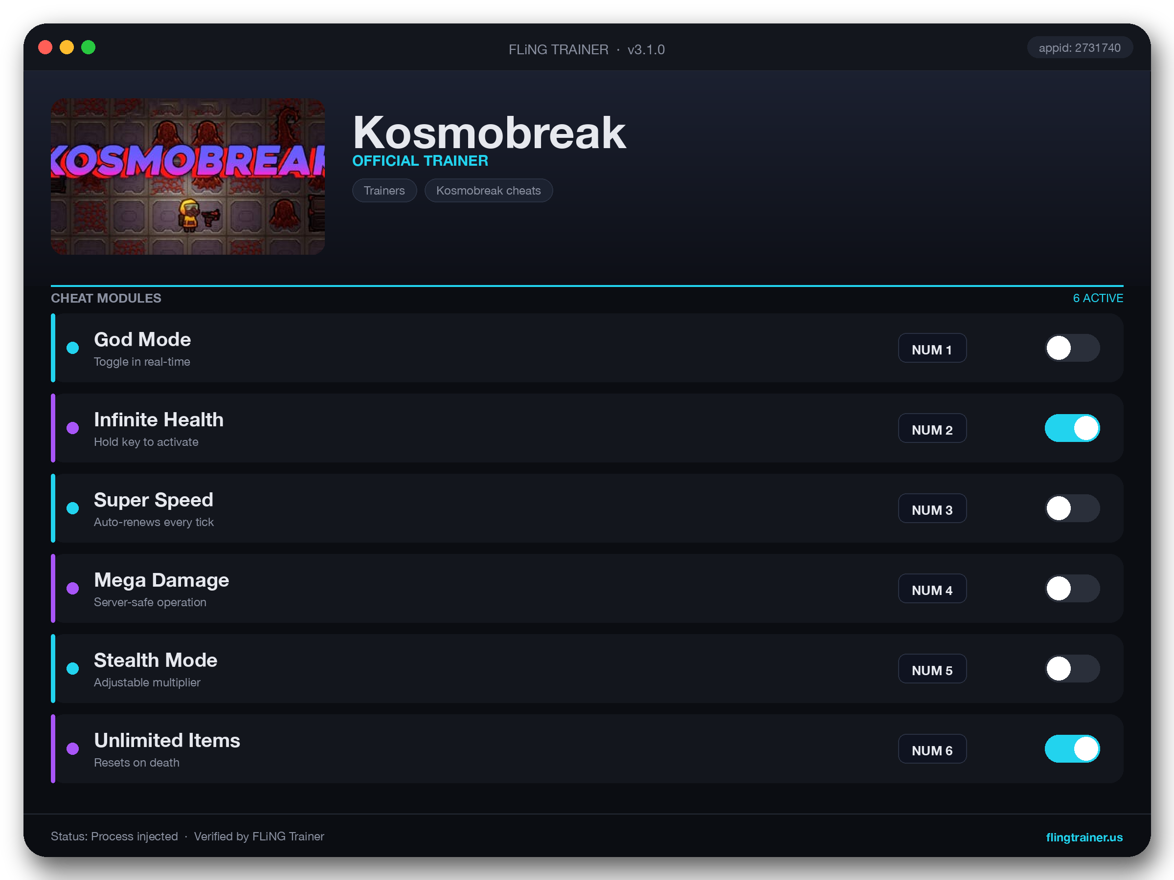 Kosmobreak Trainer interface