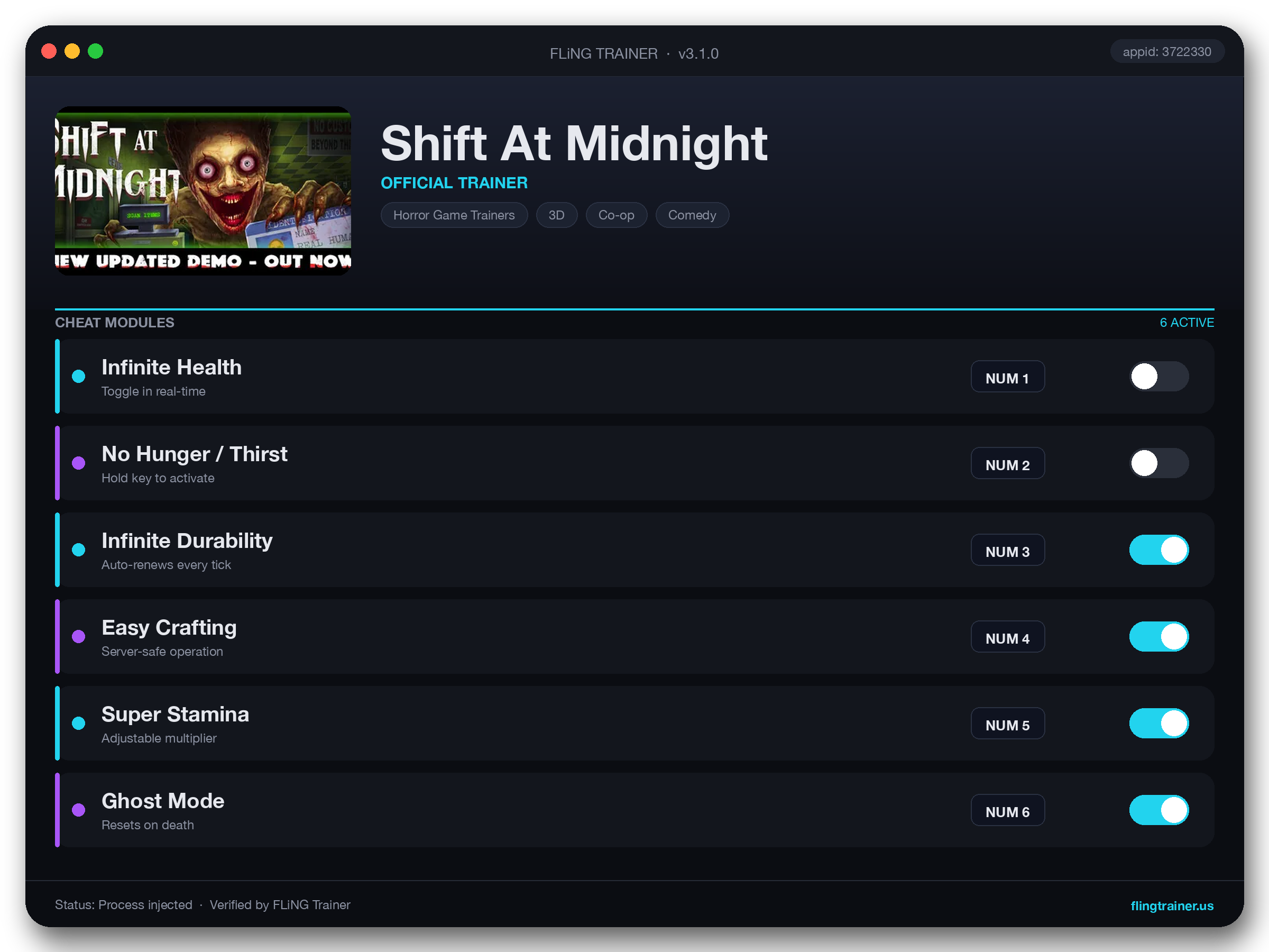 Shift At Midnight Trainer interface