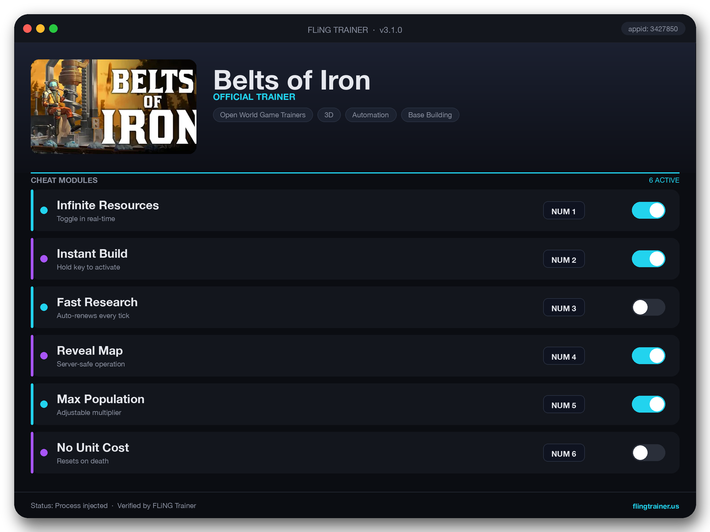 Belts of Iron Trainer interface