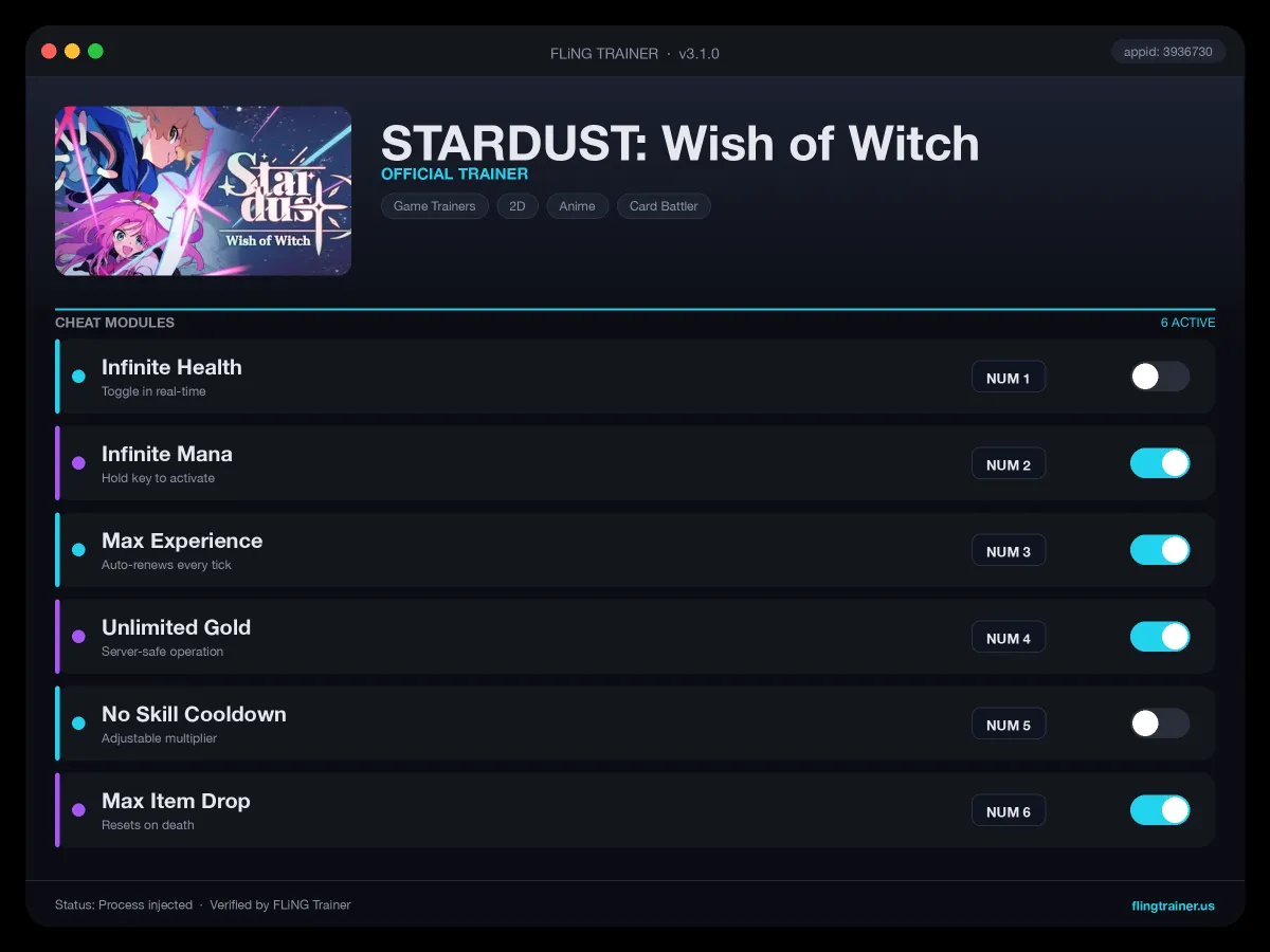 STARDUST: Wish of Witch Trainer interface