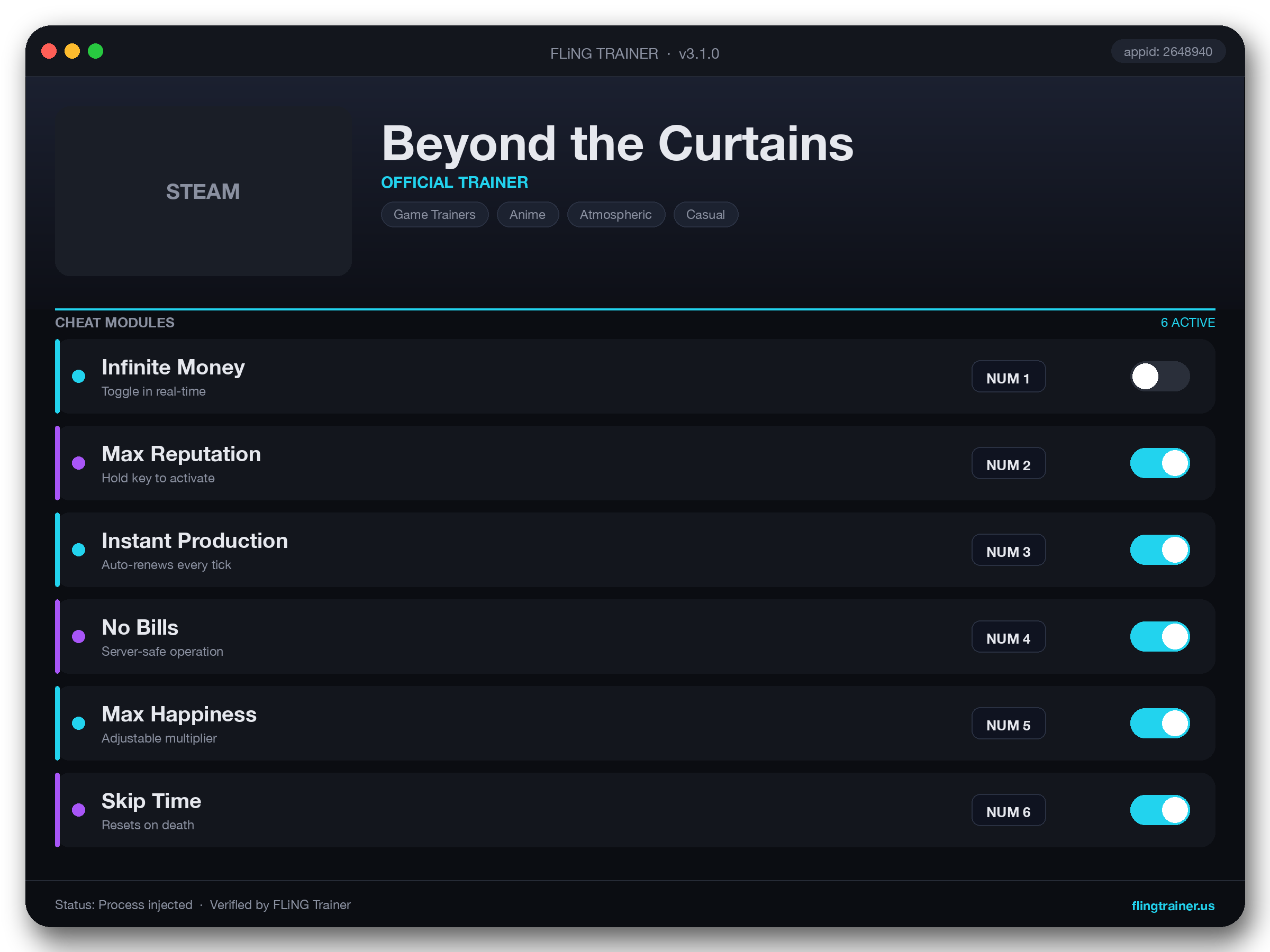 Beyond the Curtains Trainer interface
