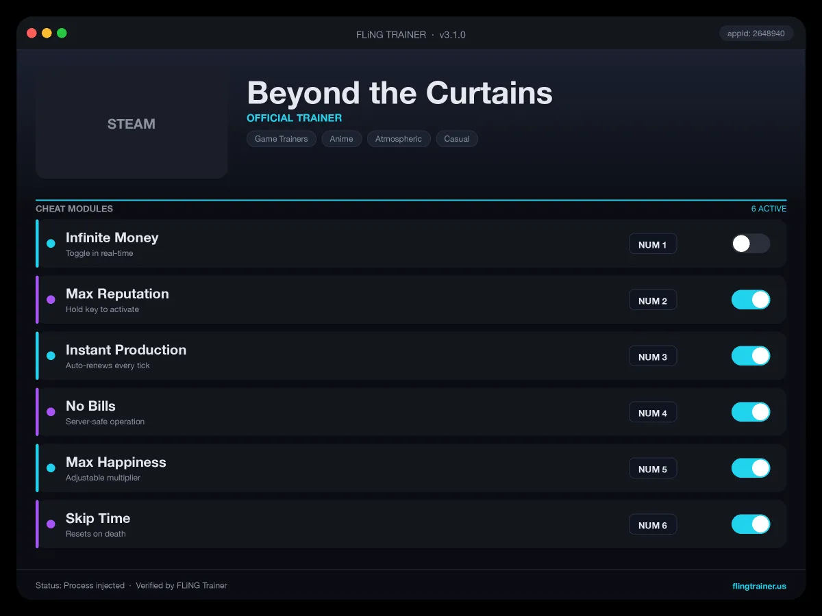 Beyond the Curtains Trainer interface