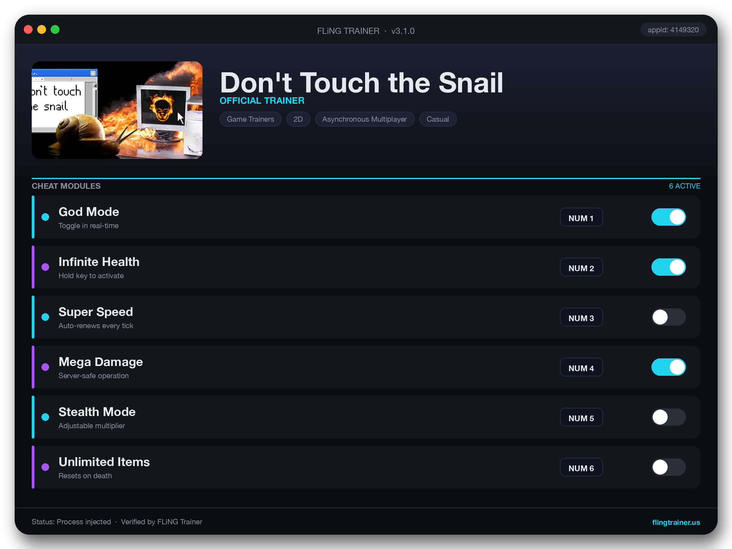Don't Touch the Snail Trainer interface