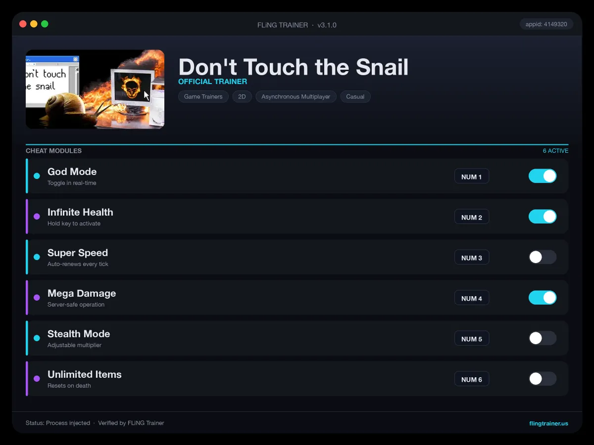 Don't Touch the Snail Trainer interface