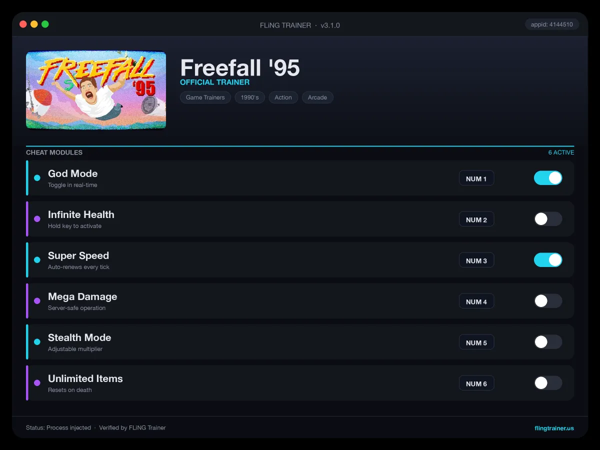 Freefall '95 Trainer interface