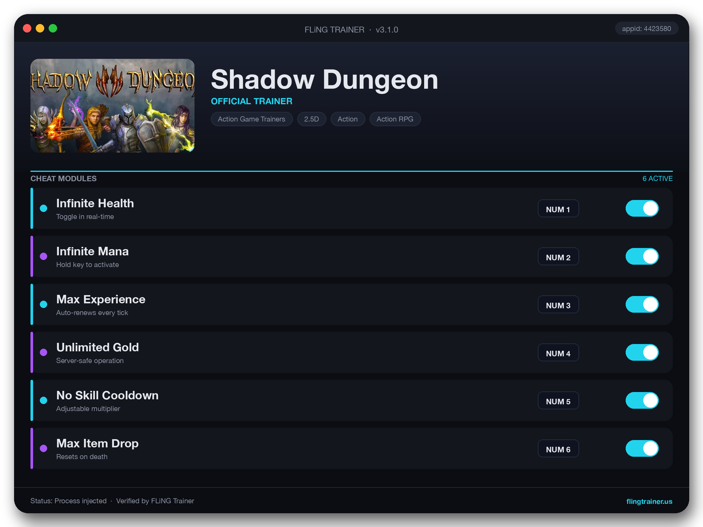 Shadow Dungeon Trainer interface