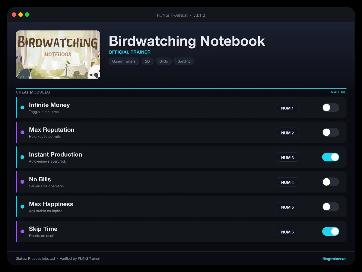 Birdwatching Notebook Trainer interface