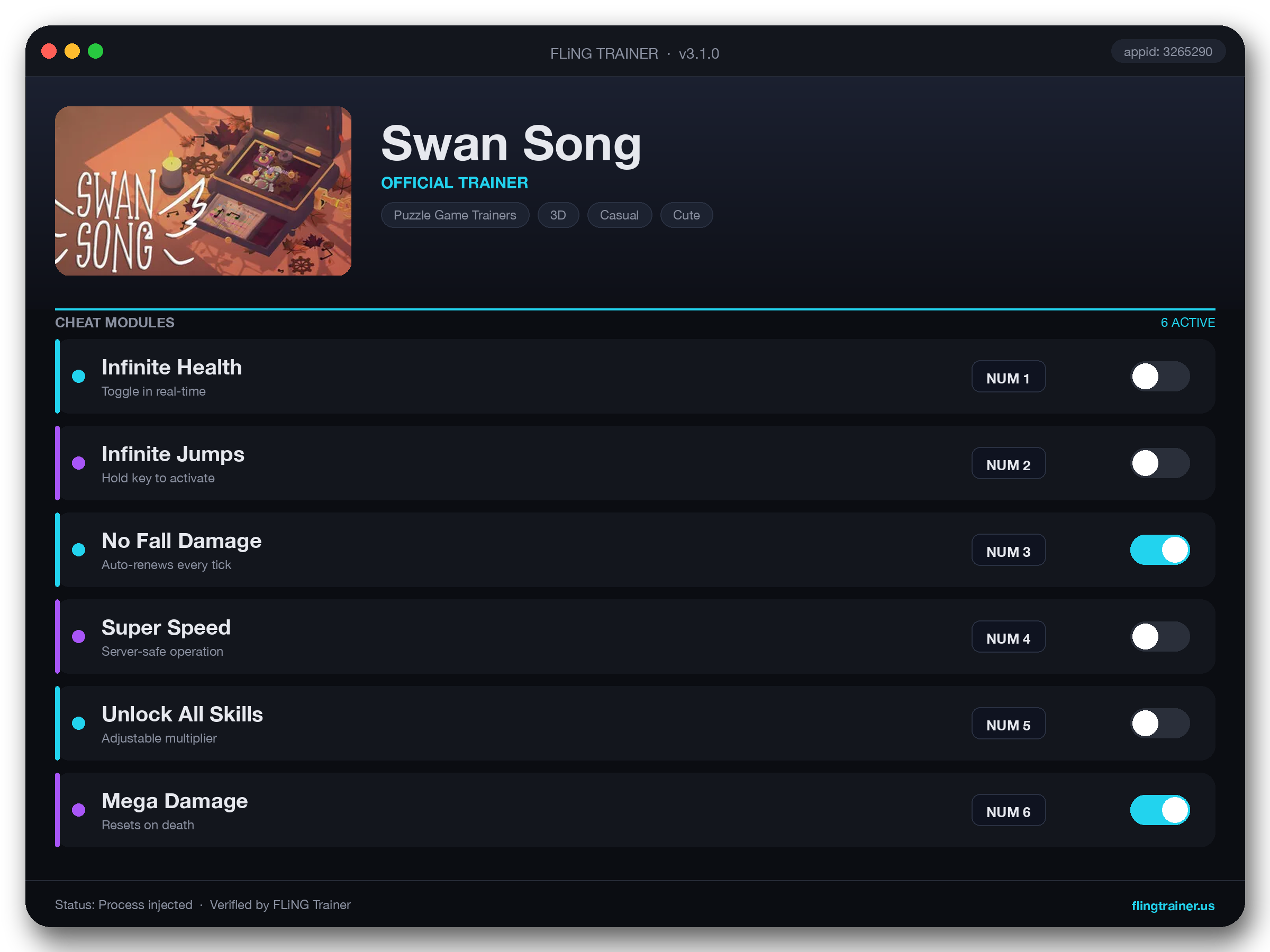 Swan Song Trainer interface