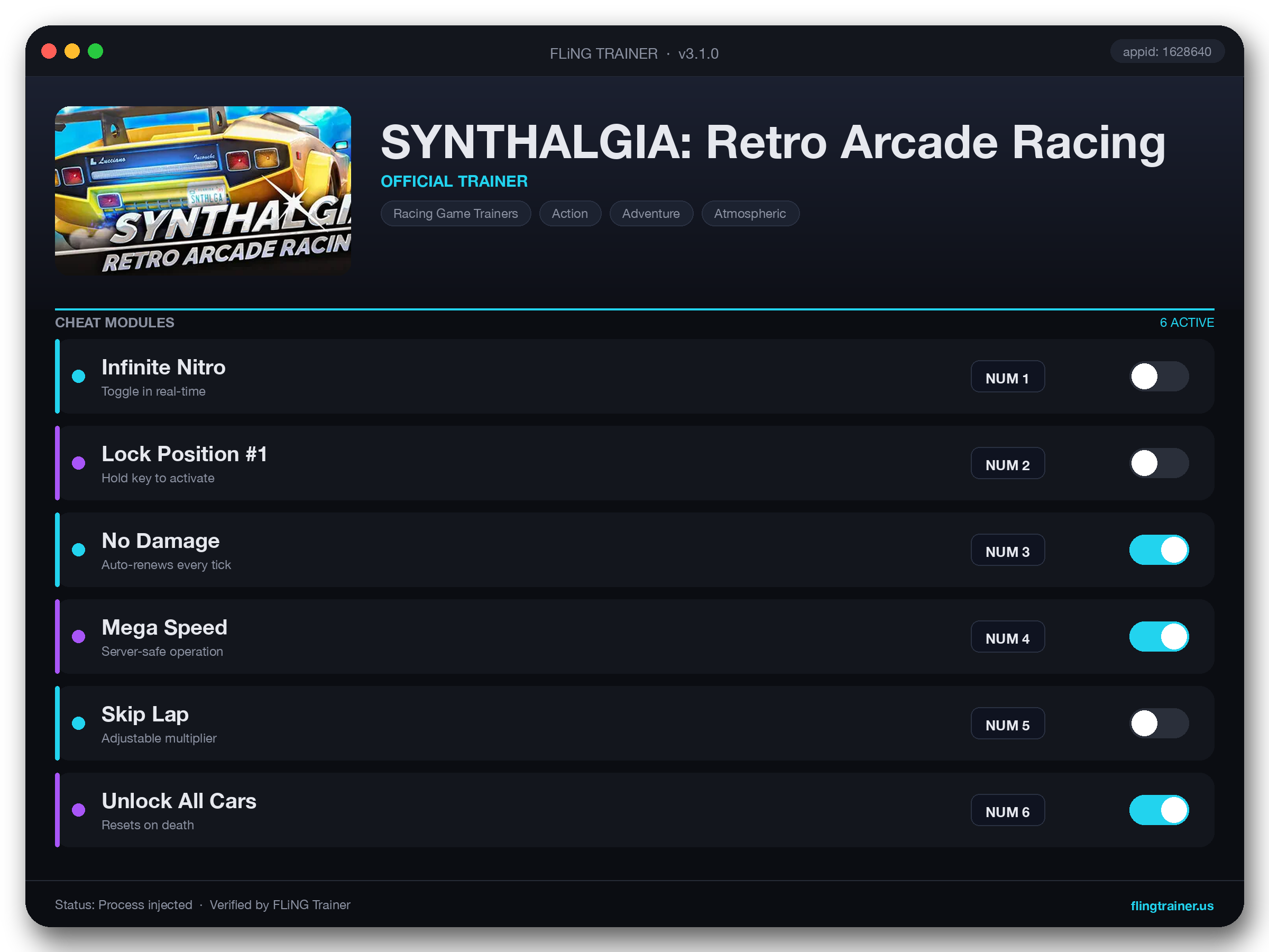 SYNTHALGIA: Retro Arcade Racing Trainer interface