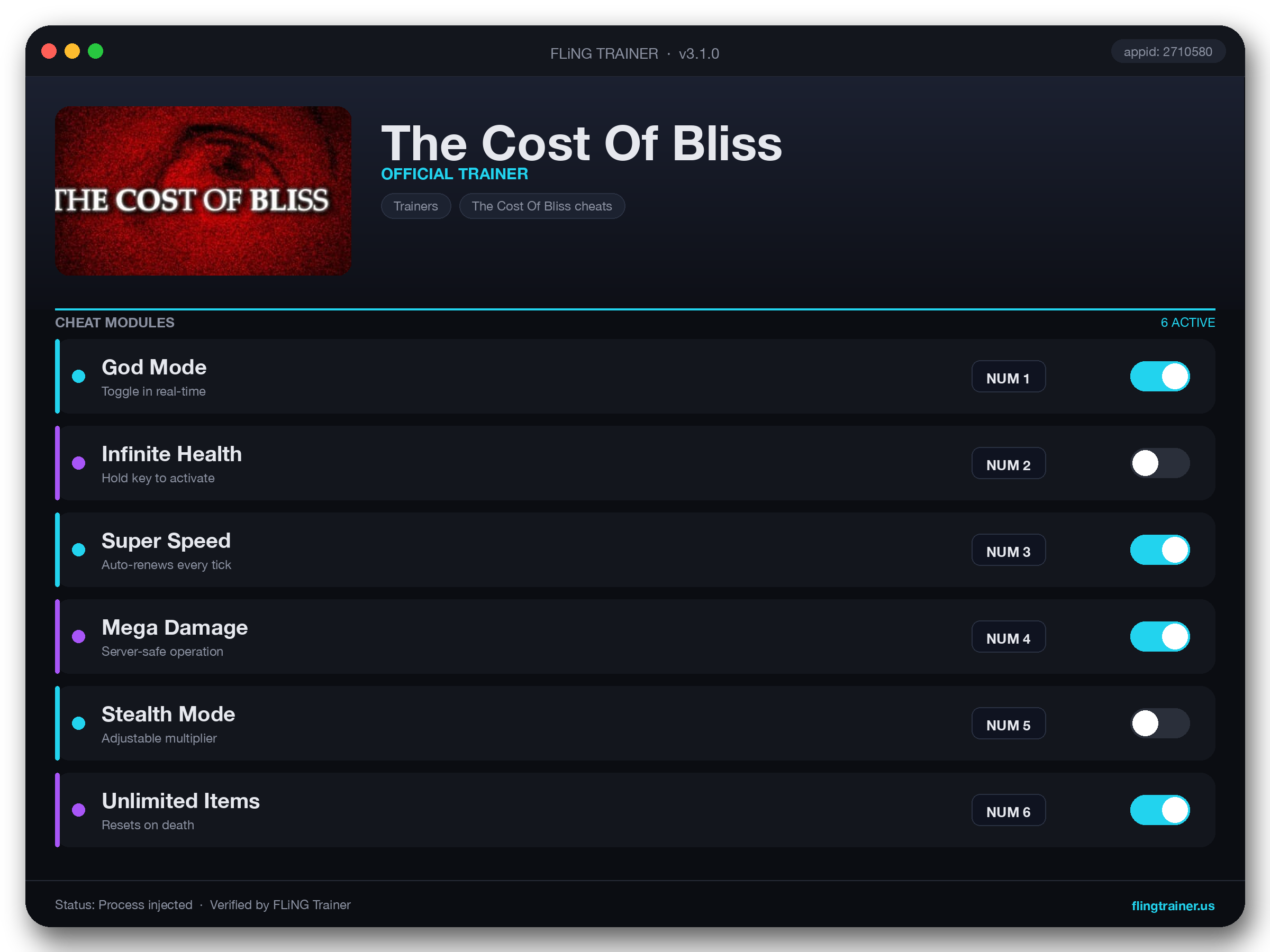 The Cost Of Bliss Trainer interface