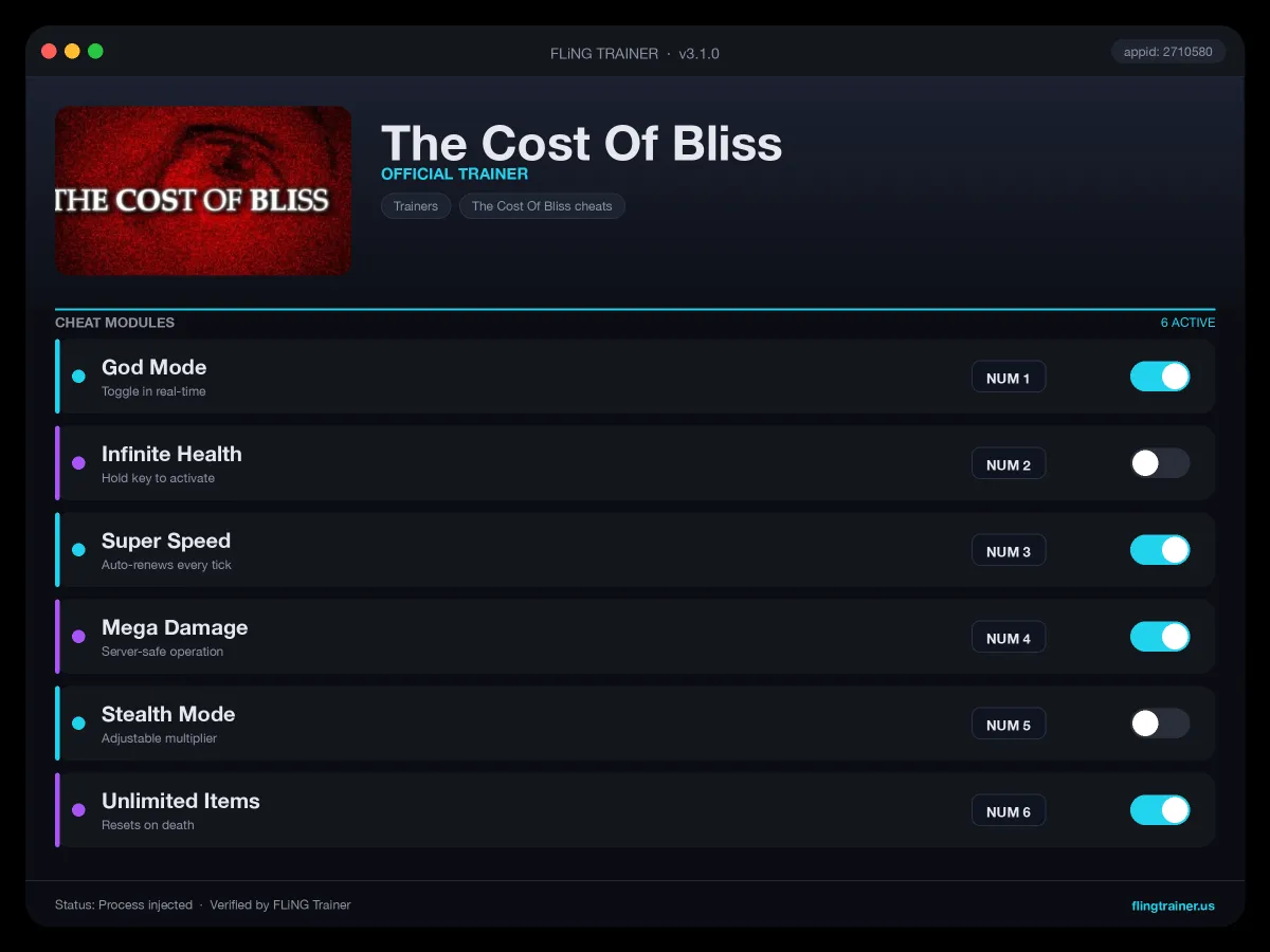 The Cost Of Bliss Trainer interface