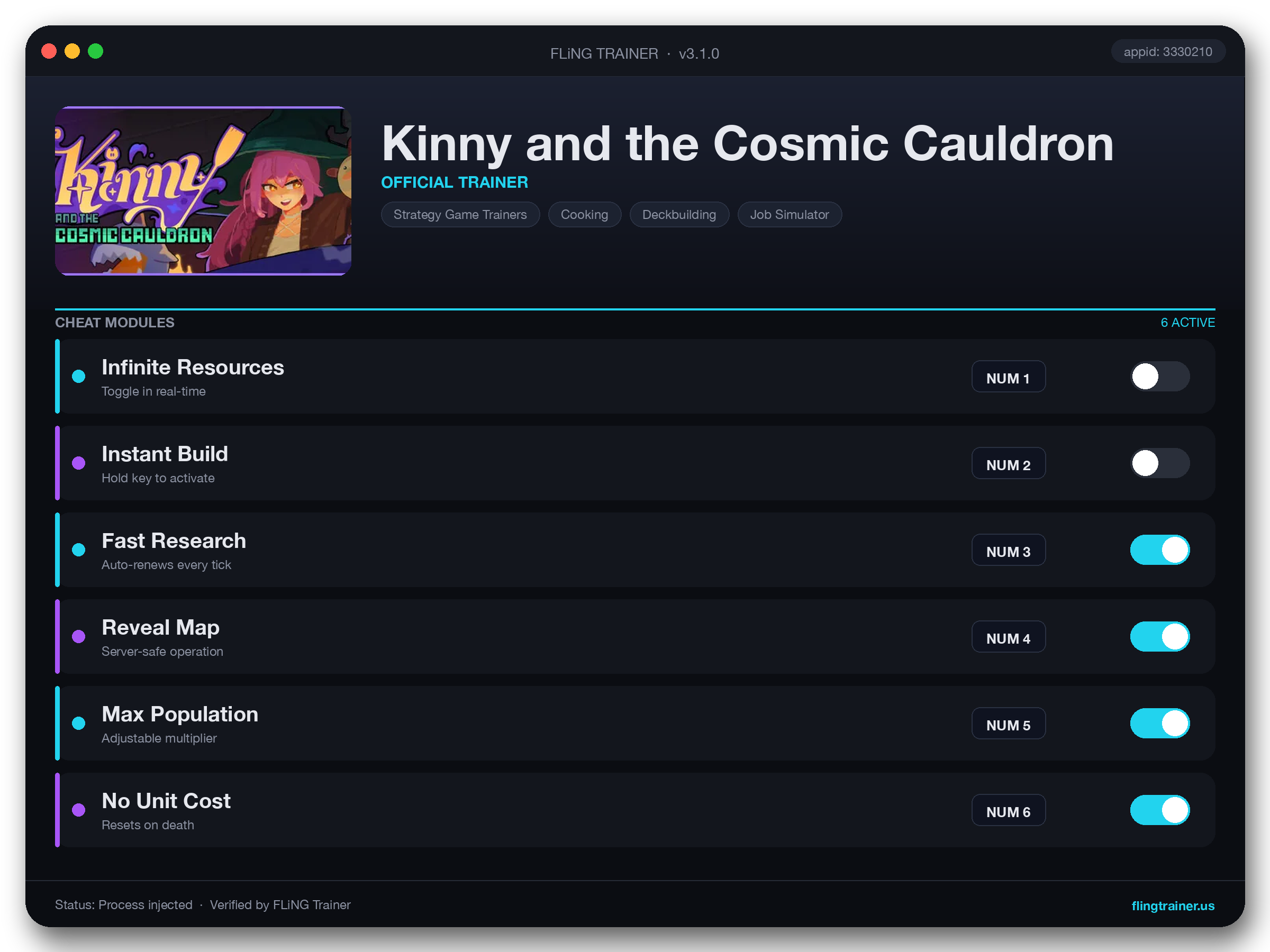 Kinny and the Cosmic Cauldron Trainer interface