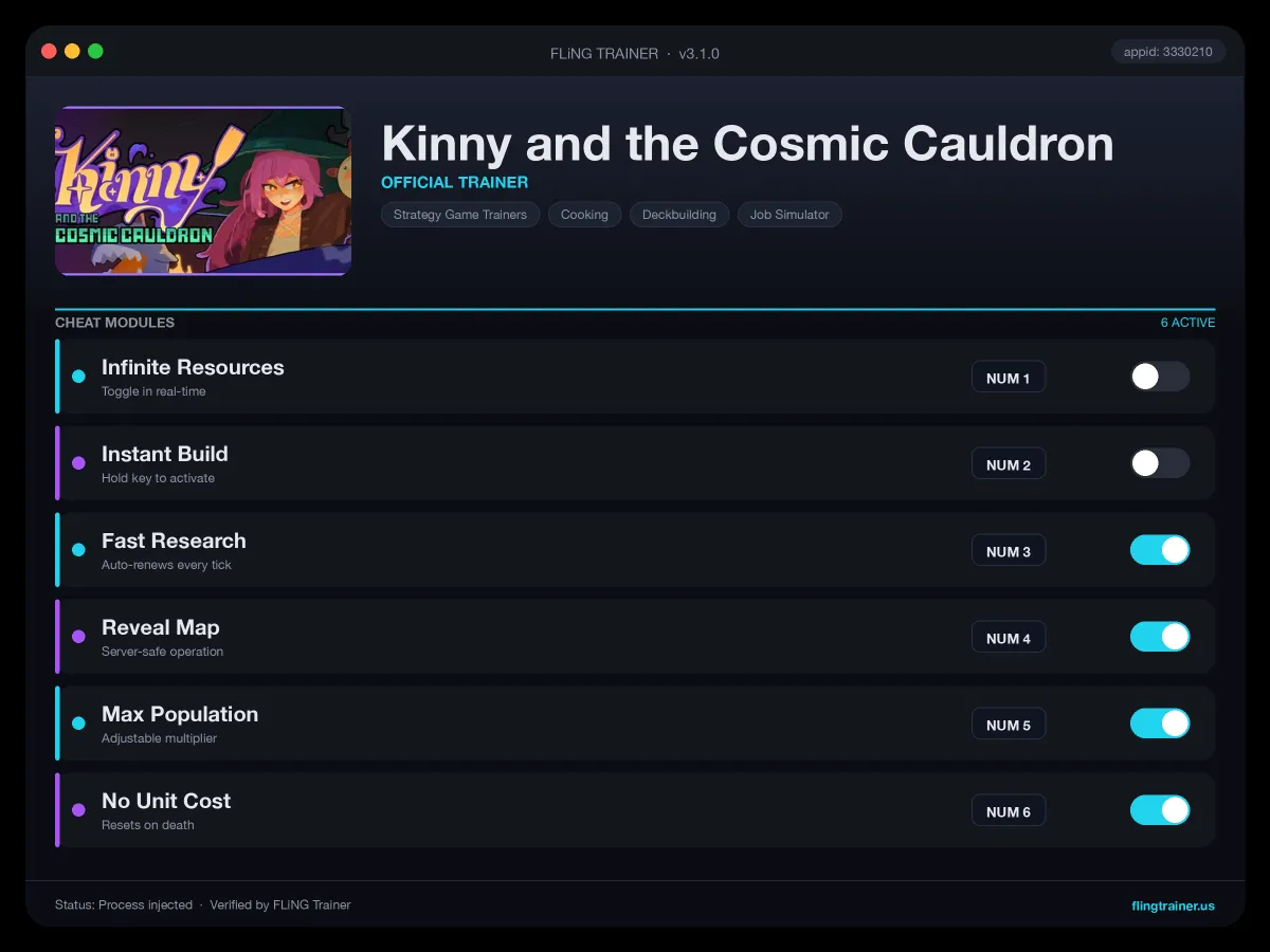 Kinny and the Cosmic Cauldron Trainer interface
