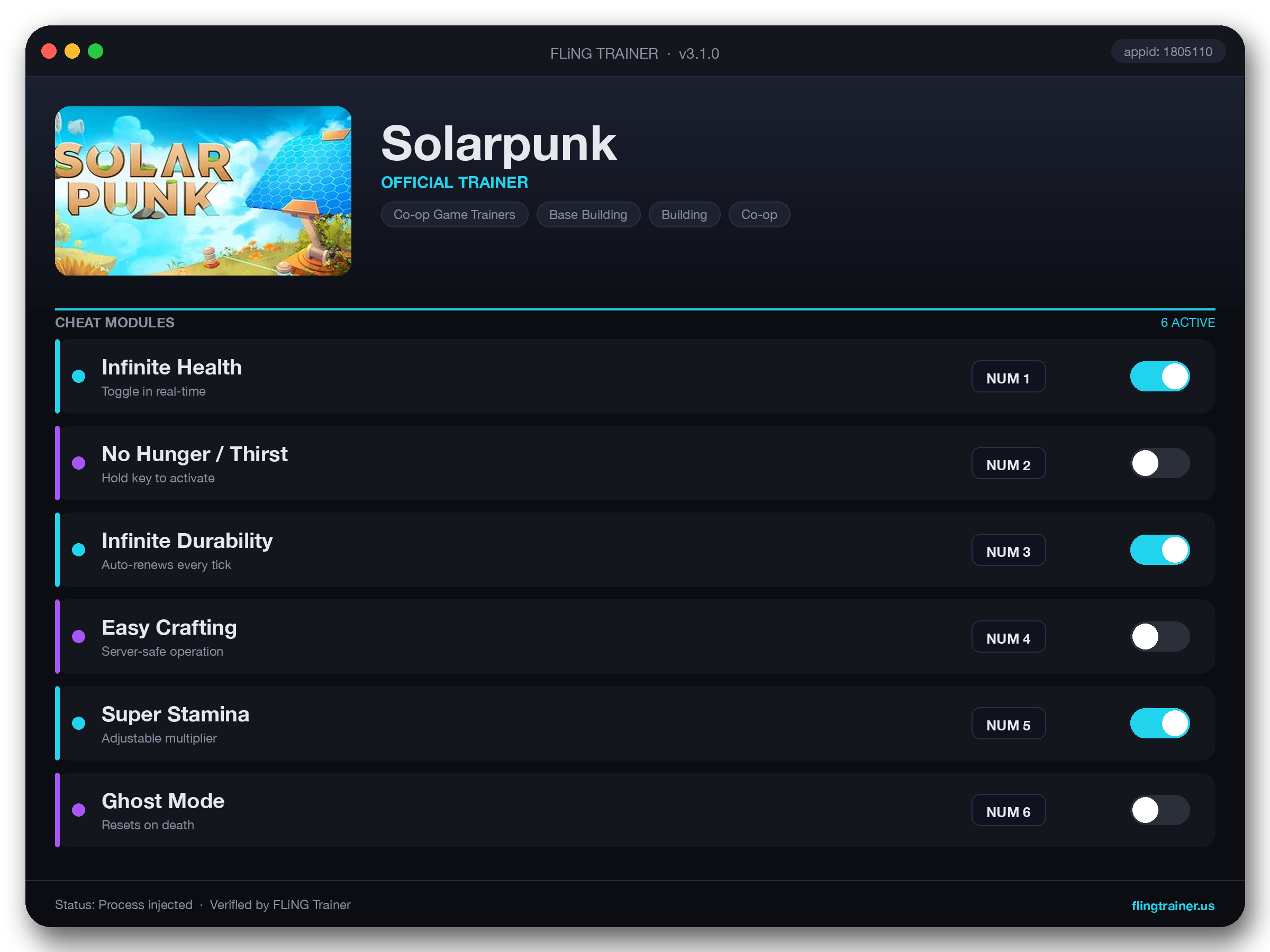Solarpunk Trainer interface
