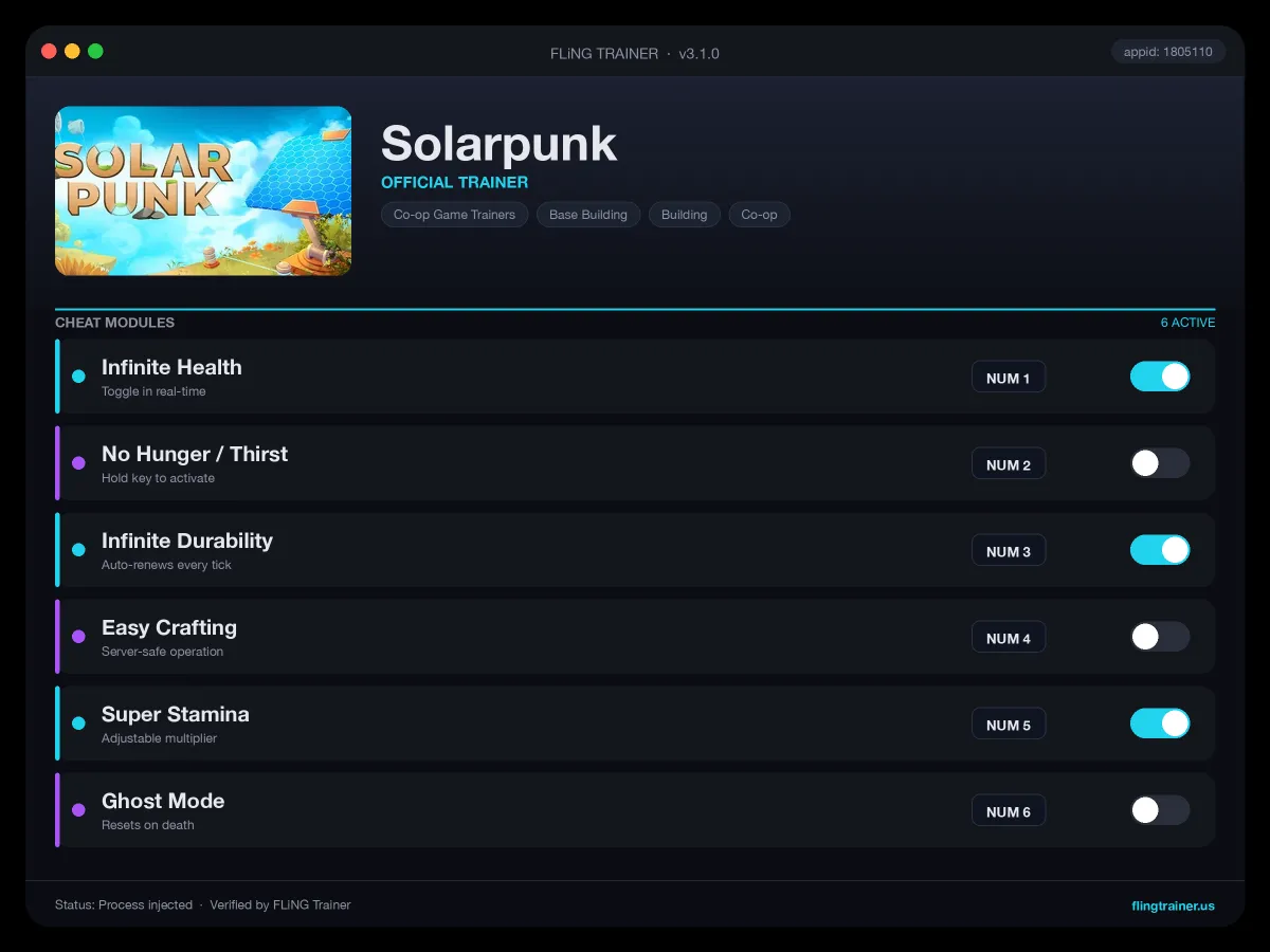 Solarpunk Trainer interface