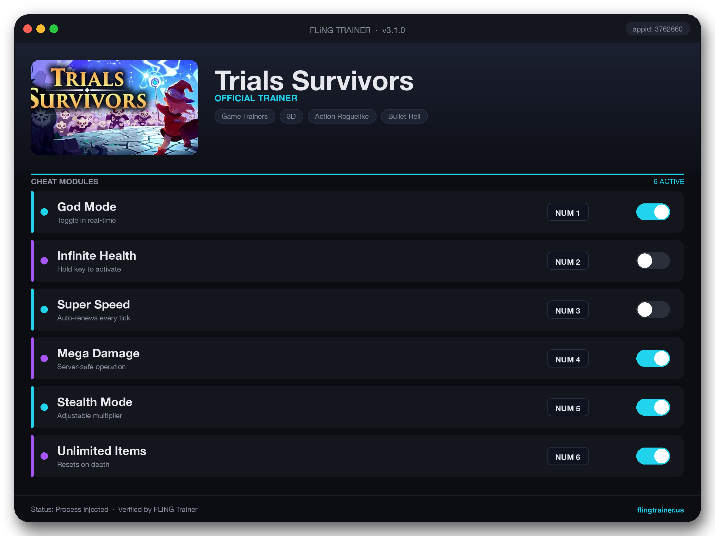 Trials Survivors Trainer interface
