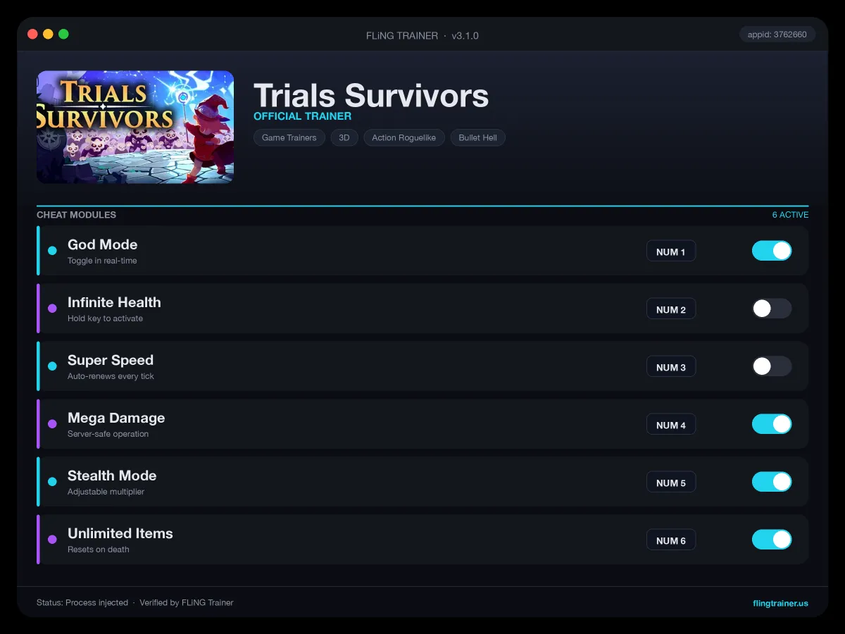 Trials Survivors Trainer interface